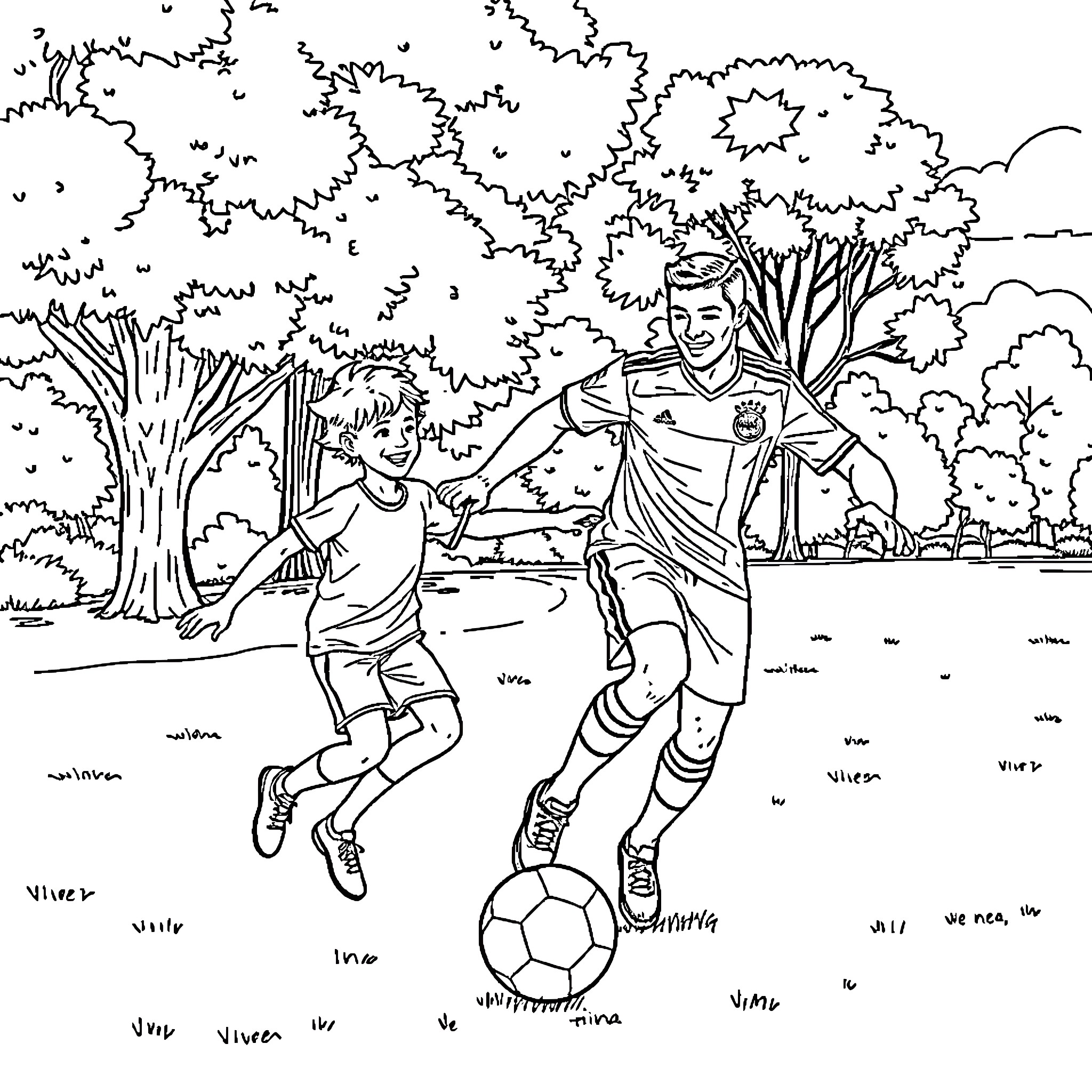 Cristiano Ronaldo playing soccer with a child in a park Coloring Page (free black-and-white line drawing printable PDF for all, from beginners to advanced learners, including children, teens, adults, and seniors)