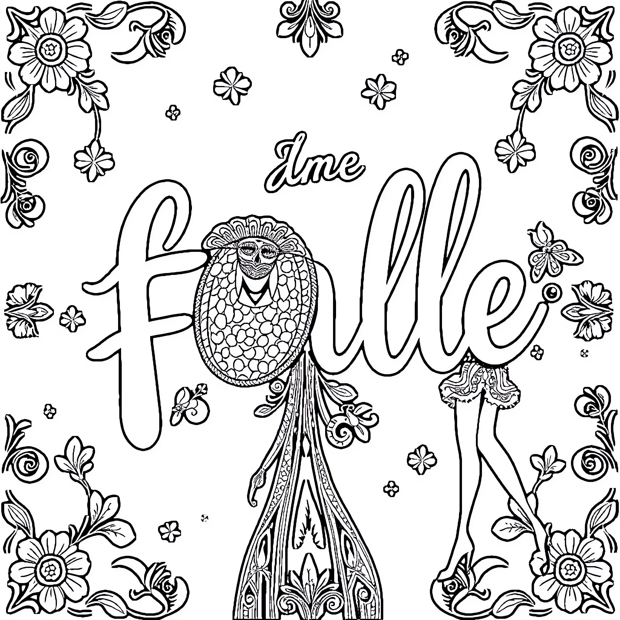 Mucha-inspired floral and Art Nouveau imagery Coloring Page (free black-and-white line drawing printable PDF for all, from beginners to advanced learners, including children, teens, adults, and seniors)