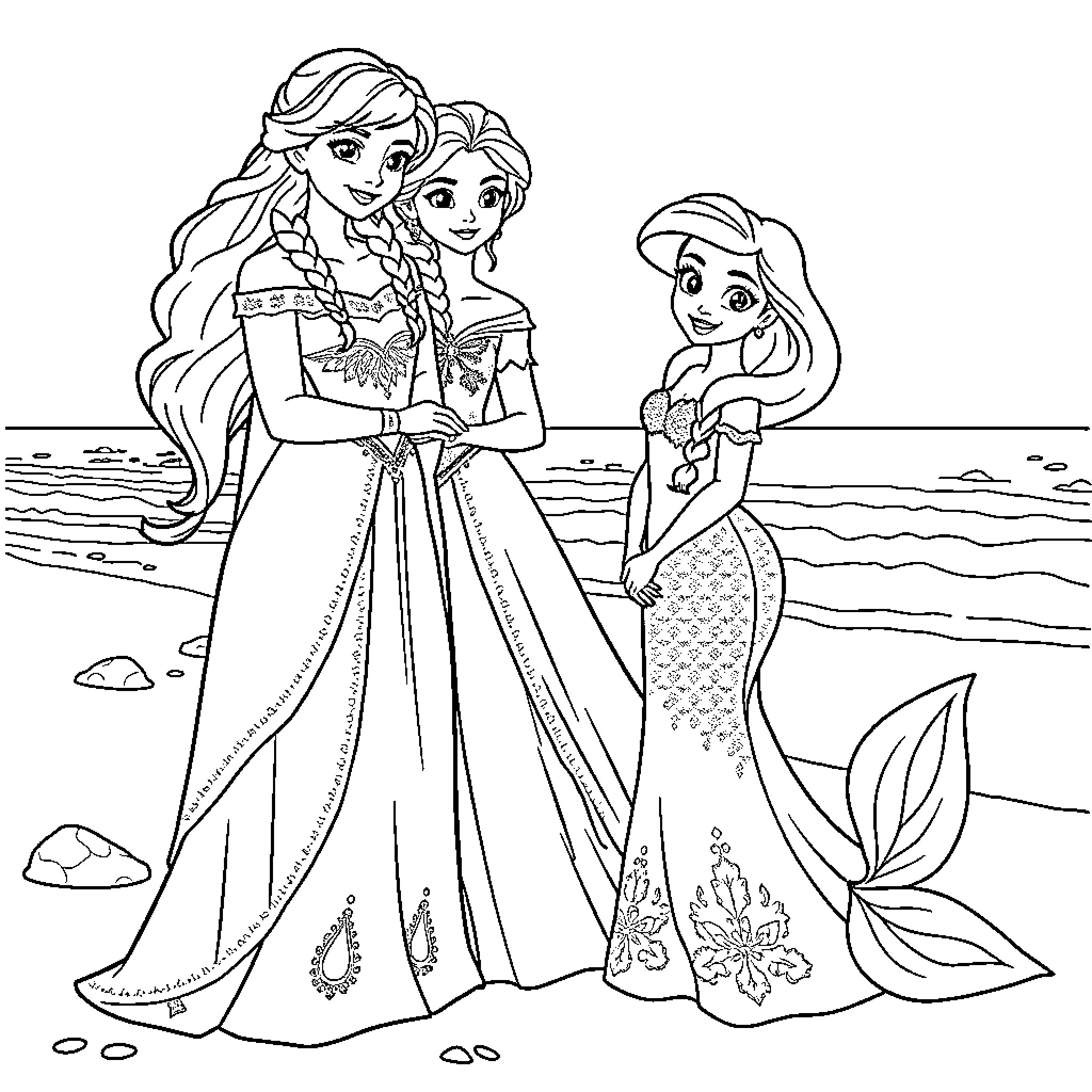 Princess Sisters and Mermaid by the Sea Coloring Page (free black-and-white line drawing printable PDF for all, from beginners to advanced learners, including children, teens, adults, and seniors)