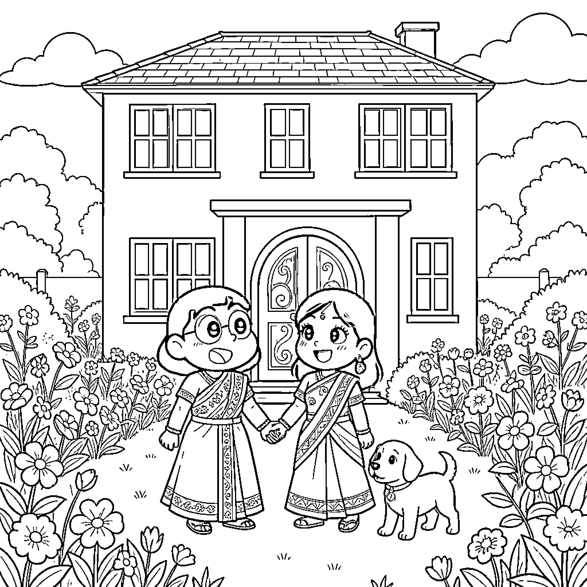 Shinchan characters holding hands in front of a house Coloring Page (free black-and-white line drawing printable PDF for all, from beginners to advanced learners, including children, teens, adults, and seniors)