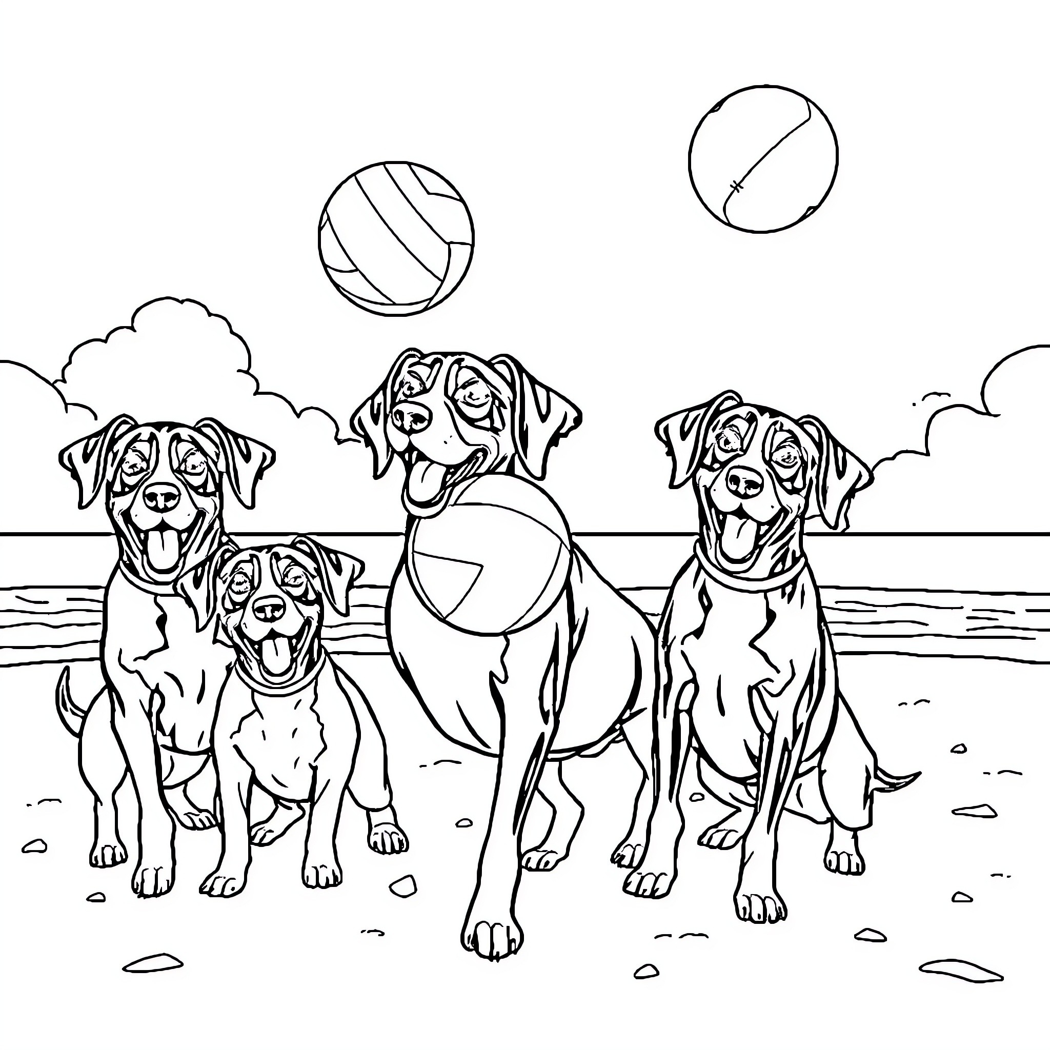 Weiner Dog Companions Playing on the Beach Coloring Page (free black-and-white line drawing printable PDF for all, from beginners to advanced learners, including children, teens, adults, and seniors)