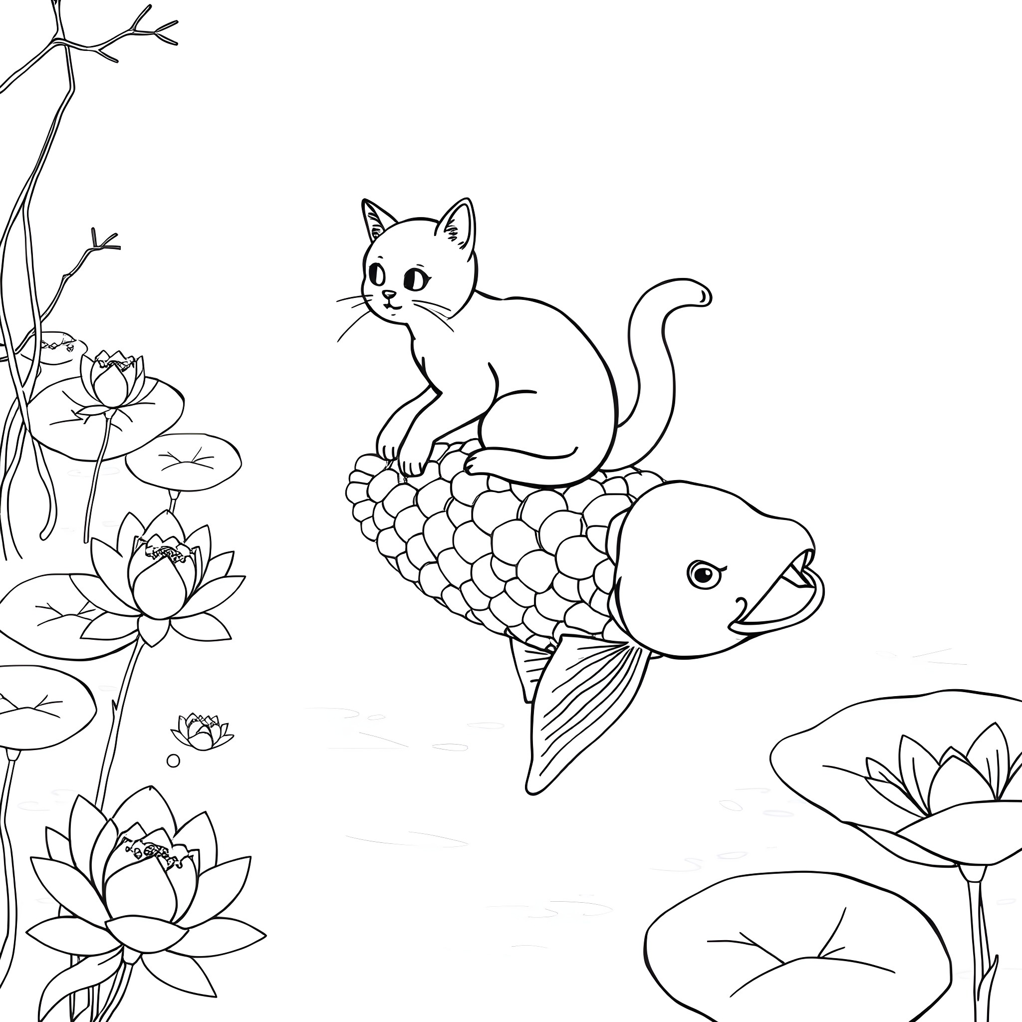 Cat sitting on a fish in a pond with lotus flowers Coloring Page (free black-and-white line drawing printable PDF for all, from beginners to advanced learners, including children, teens, adults, and seniors)