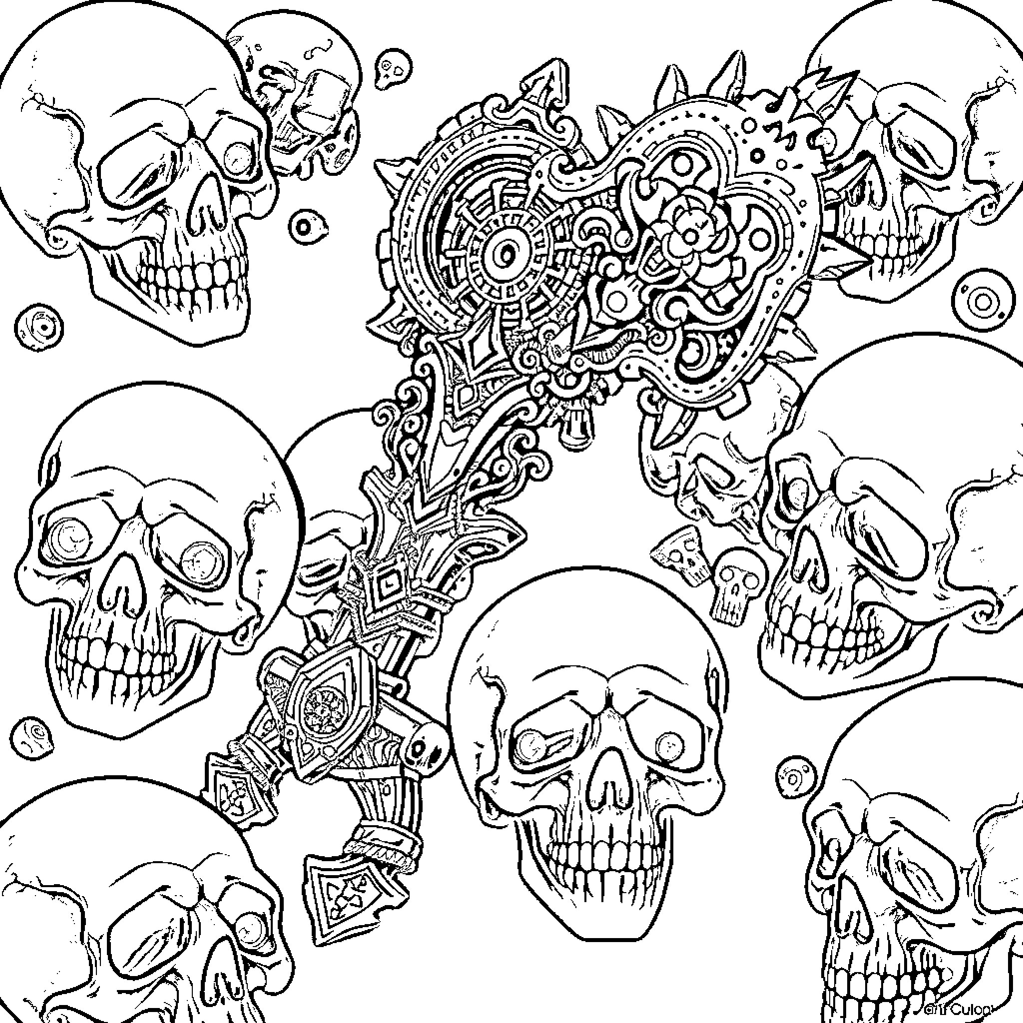 Skeleton Skulls with Intricate Mechanical Patterns Coloring Page (free black-and-white line drawing printable PDF for all, from beginners to advanced learners, including children, teens, adults, and seniors)