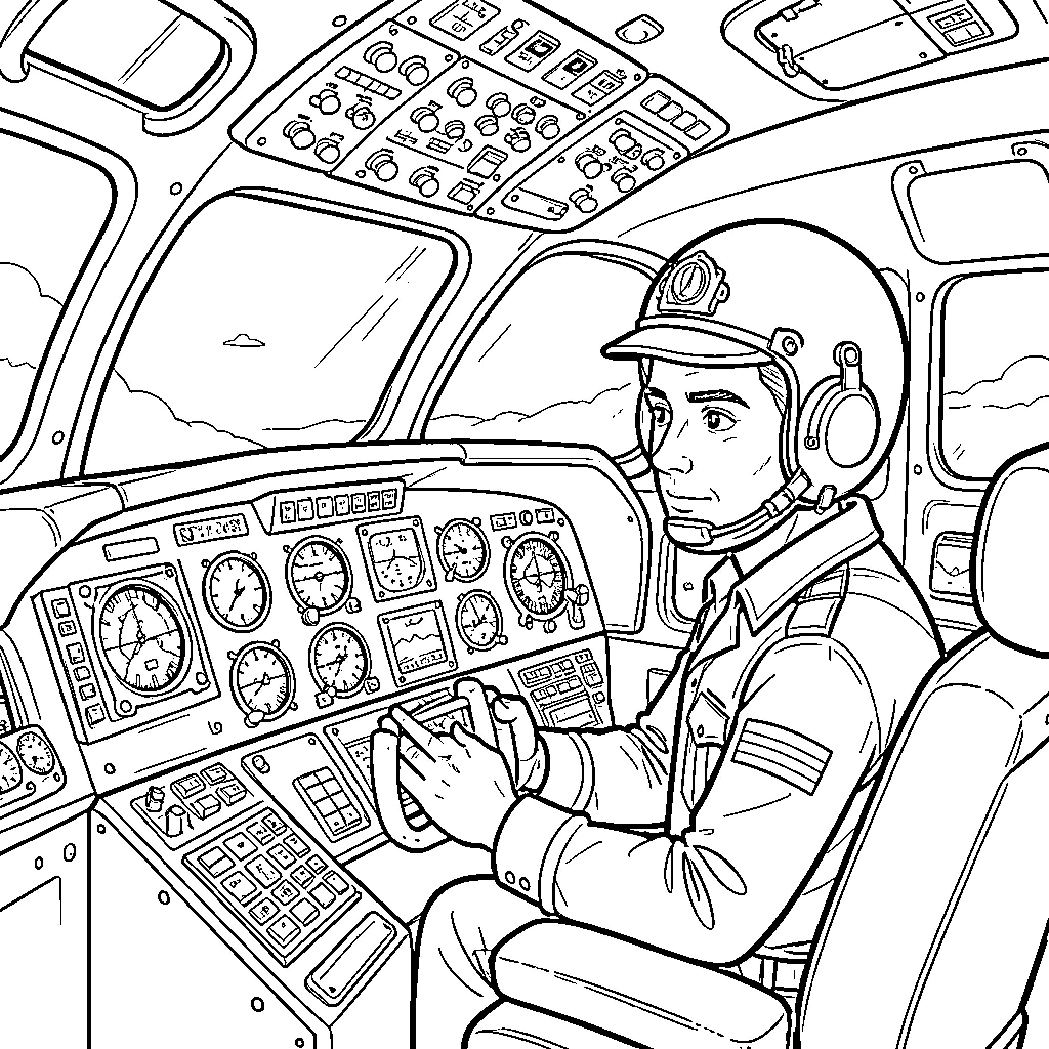 Pilot operating the controls inside an airplane cockpit Coloring Page (free black-and-white line drawing printable PDF for all, from beginners to advanced learners, including children, teens, adults, and seniors)