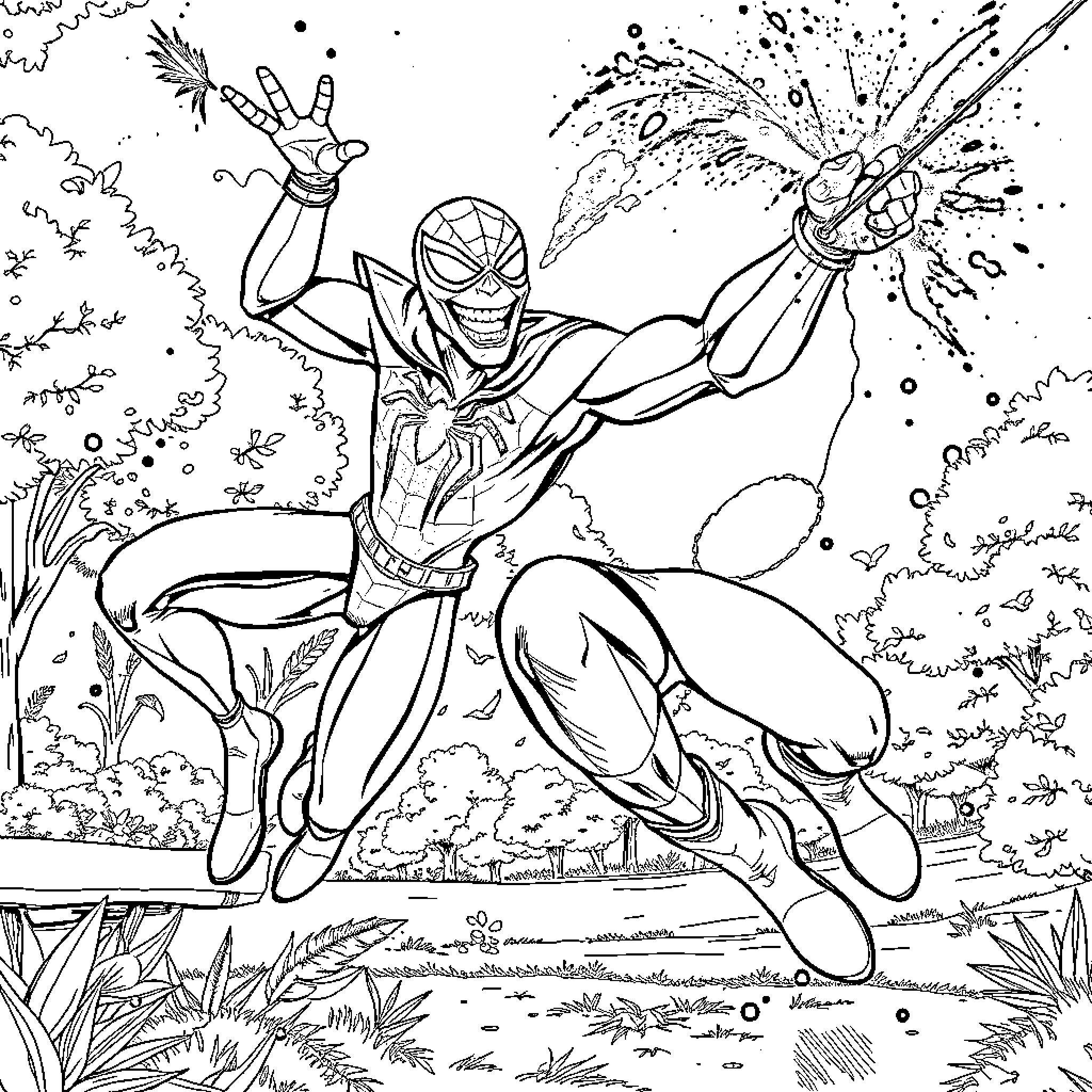 Goblin Superhero Soaring through the Skies Coloring Page (free black-and-white line drawing printable PDF for all, from beginners to advanced learners, including children, teens, adults, and seniors)