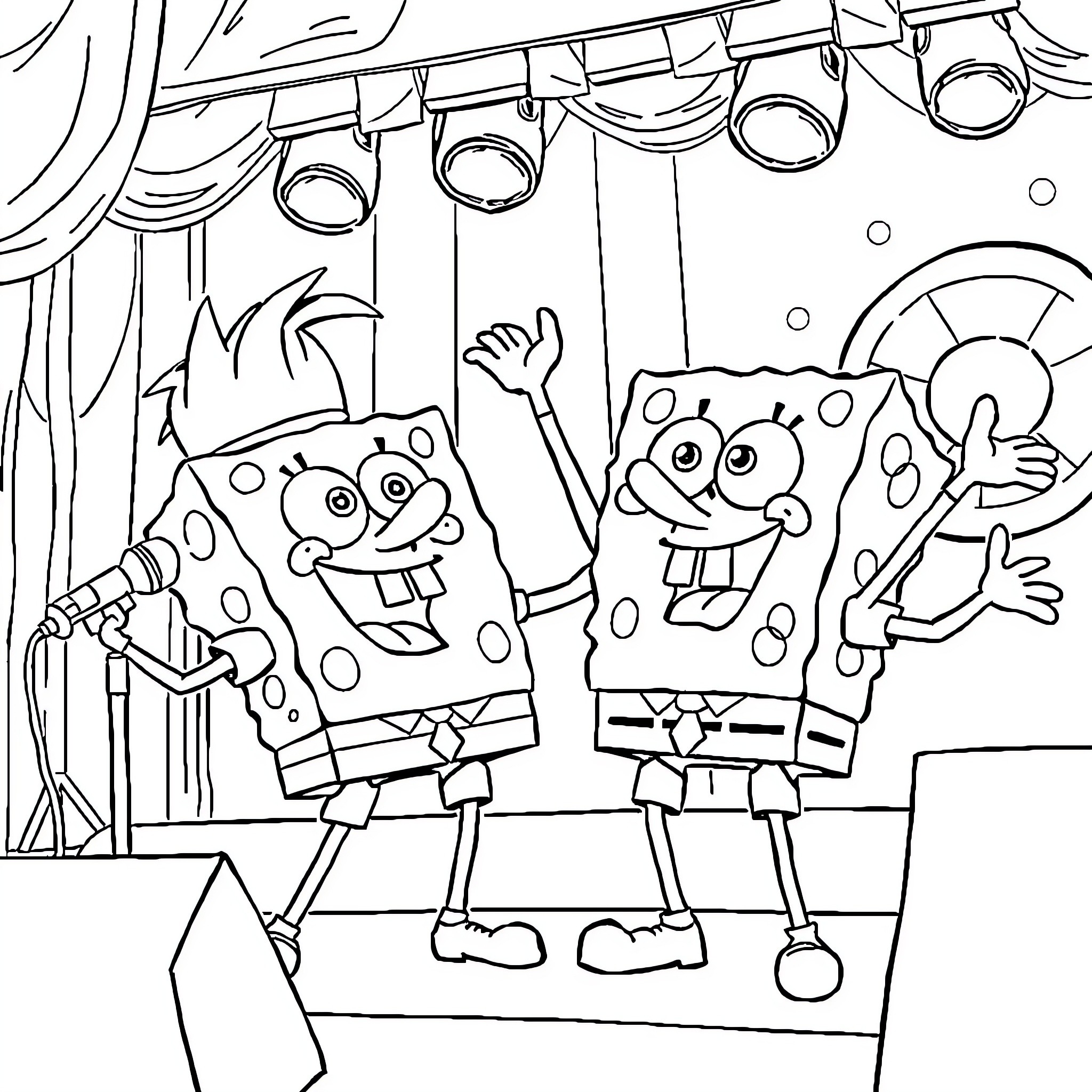 Spongebob and Patrick Performing on Stage Coloring Page (free black-and-white line drawing printable PDF for all, from beginners to advanced learners, including children, teens, adults, and seniors)