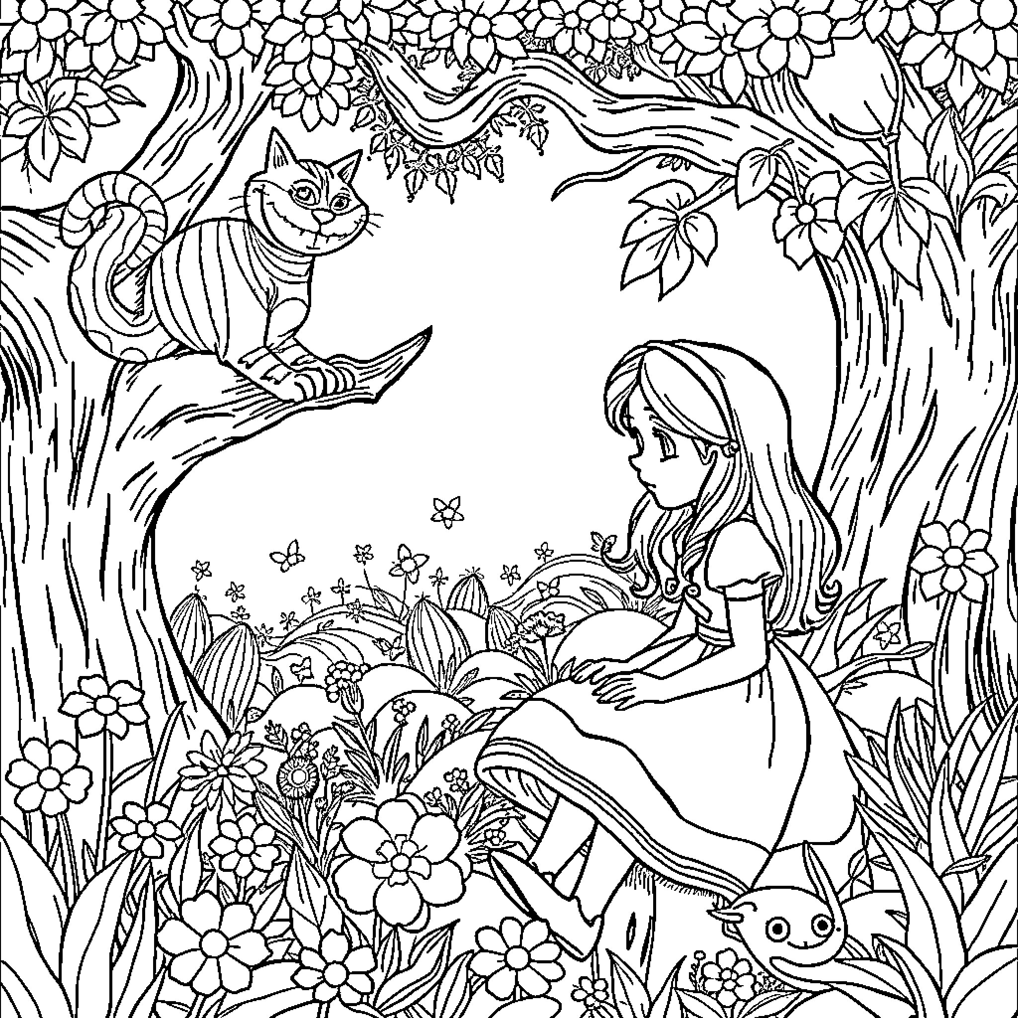 Cheshire Cat in Wonderland with Alice amid flowers Coloring Page (free black-and-white line drawing printable PDF for all, from beginners to advanced learners, including children, teens, adults, and seniors)