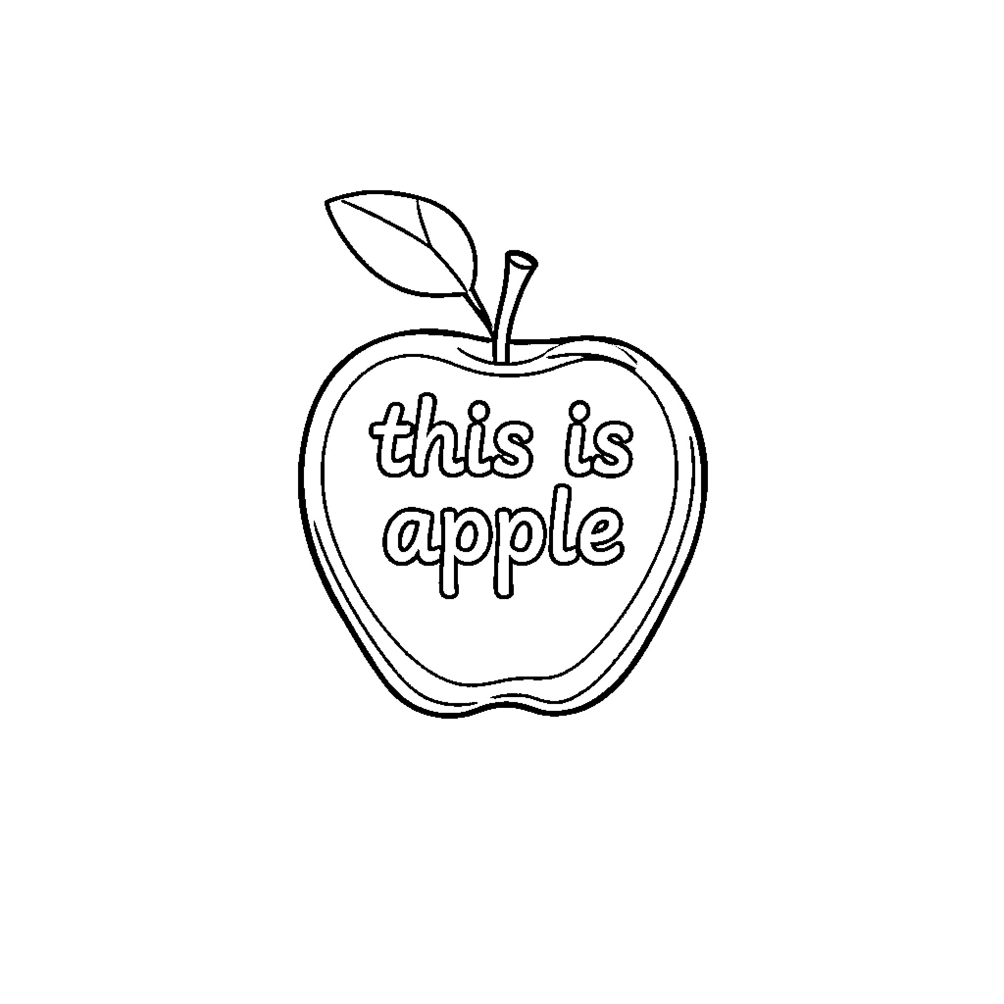 Apple with Playful Text on It Coloring Page (free black-and-white line drawing printable PDF for all, from beginners to advanced learners, including children, teens, adults, and seniors)