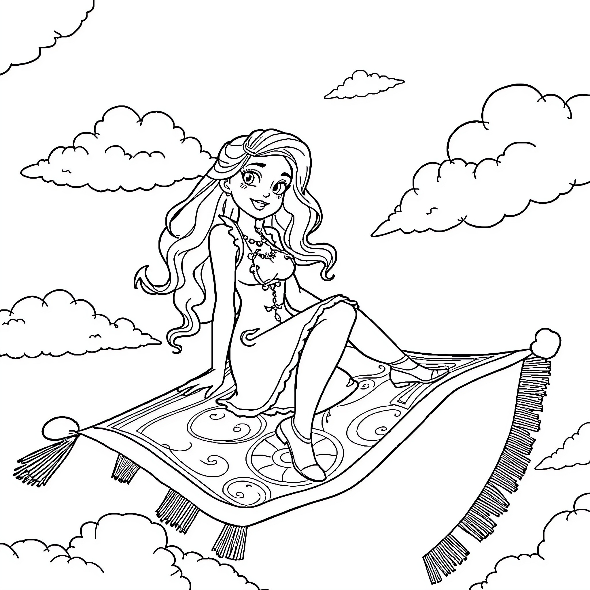 Sabrina Carpenter riding a magic carpet through the sky Coloring Page (free black-and-white line drawing printable PDF for all, from beginners to advanced learners, including children, teens, adults, and seniors)