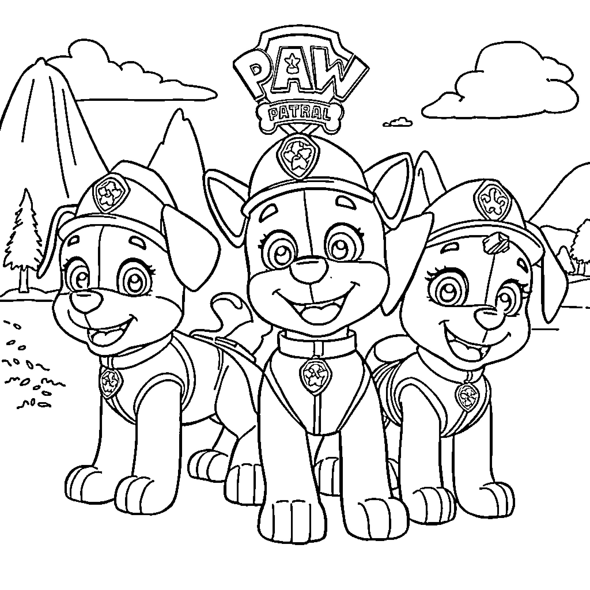 Paw Patrol puppy team in action poses Coloring Page (free black-and-white line drawing printable PDF for all, from beginners to advanced learners, including children, teens, adults, and seniors)