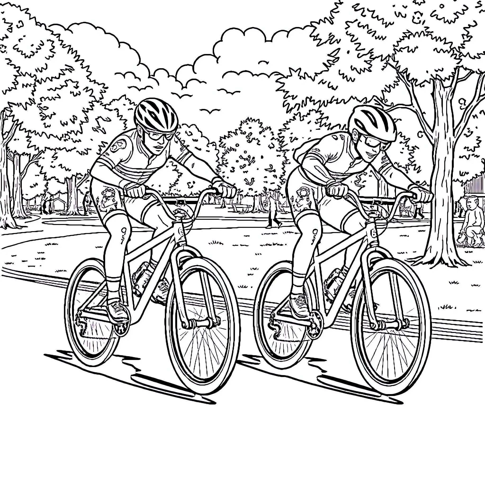 BMX riders racing through the park Coloring Page (free black-and-white line drawing printable PDF for all, from beginners to advanced learners, including children, teens, adults, and seniors)