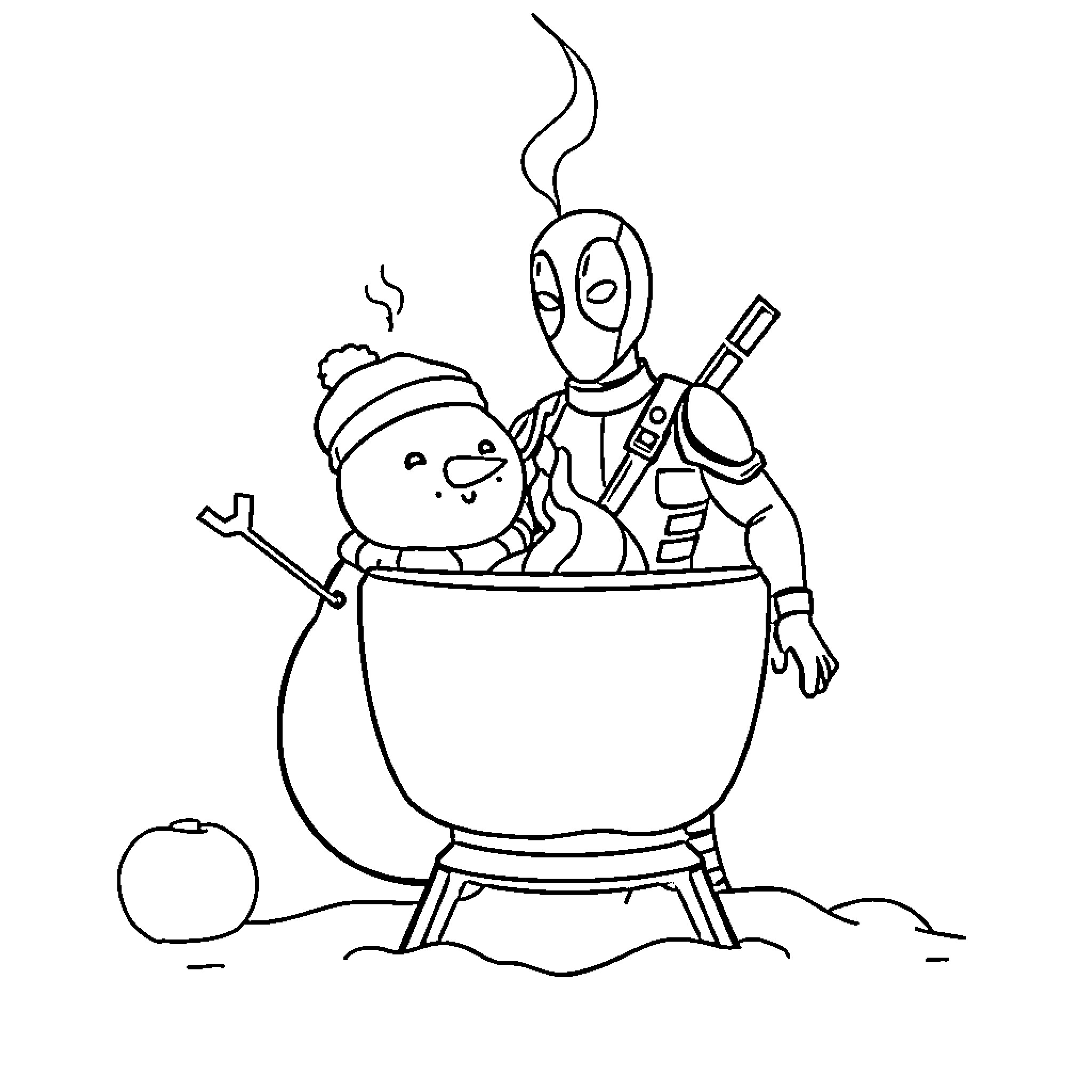 Snowman and robot preparing dinner together Coloring Page (free black-and-white line drawing printable PDF for all, from beginners to advanced learners, including children, teens, adults, and seniors)