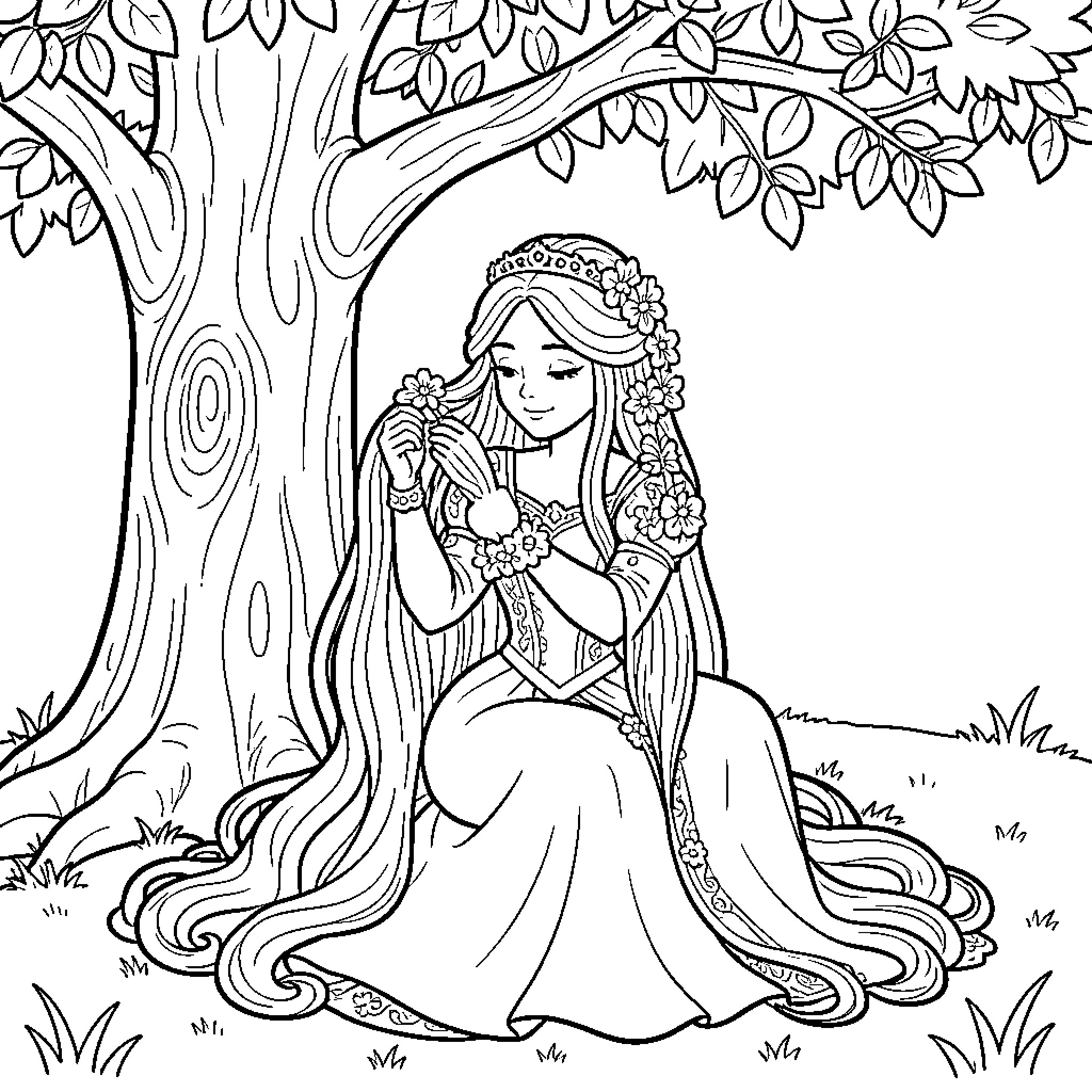 Princess sitting under a tree holding flowers Coloring Page (free black-and-white line drawing printable PDF for all, from beginners to advanced learners, including children, teens, adults, and seniors)