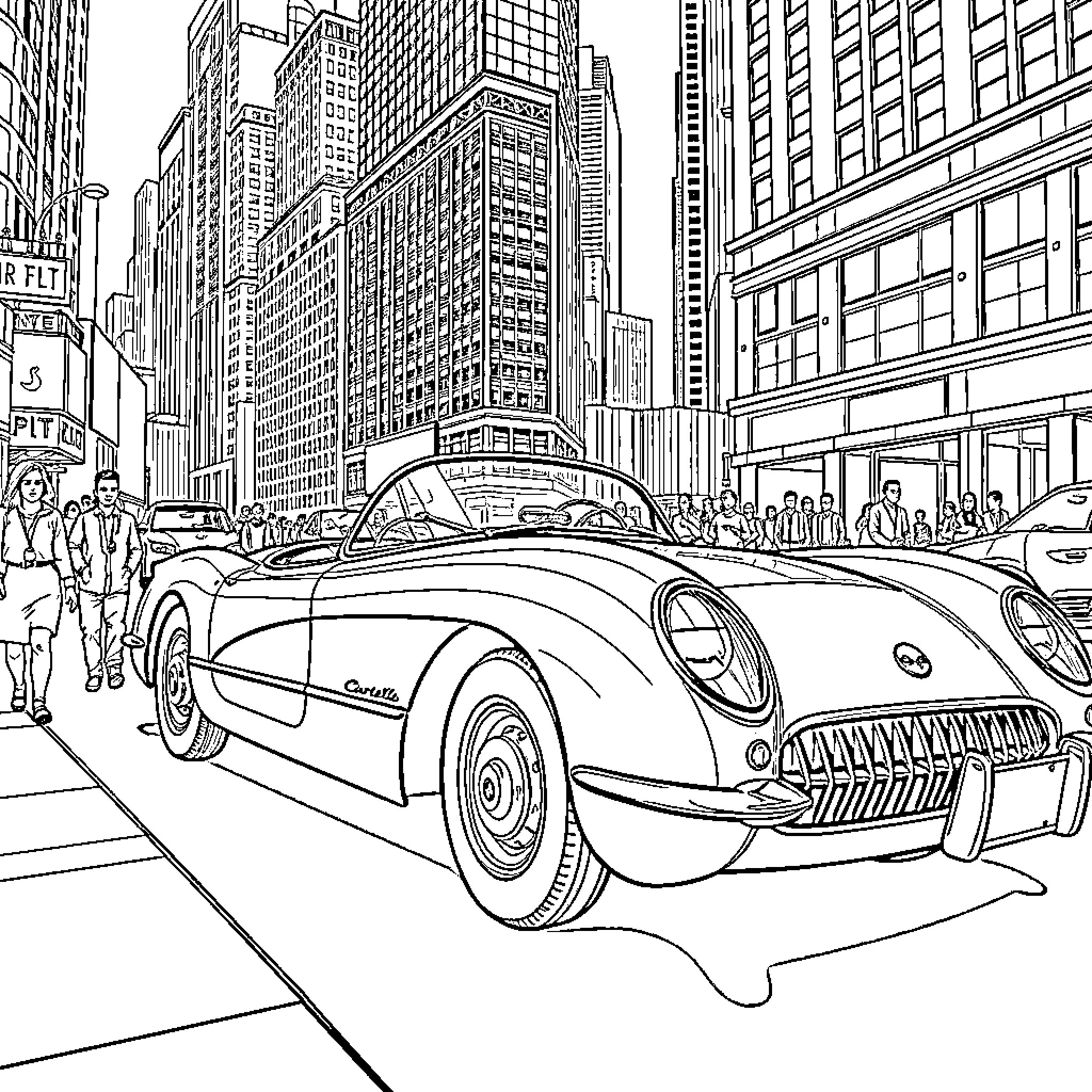 Corvette Driving Through Bustling City Streets Coloring Page (free black-and-white line drawing printable PDF for all, from beginners to advanced learners, including children, teens, adults, and seniors)