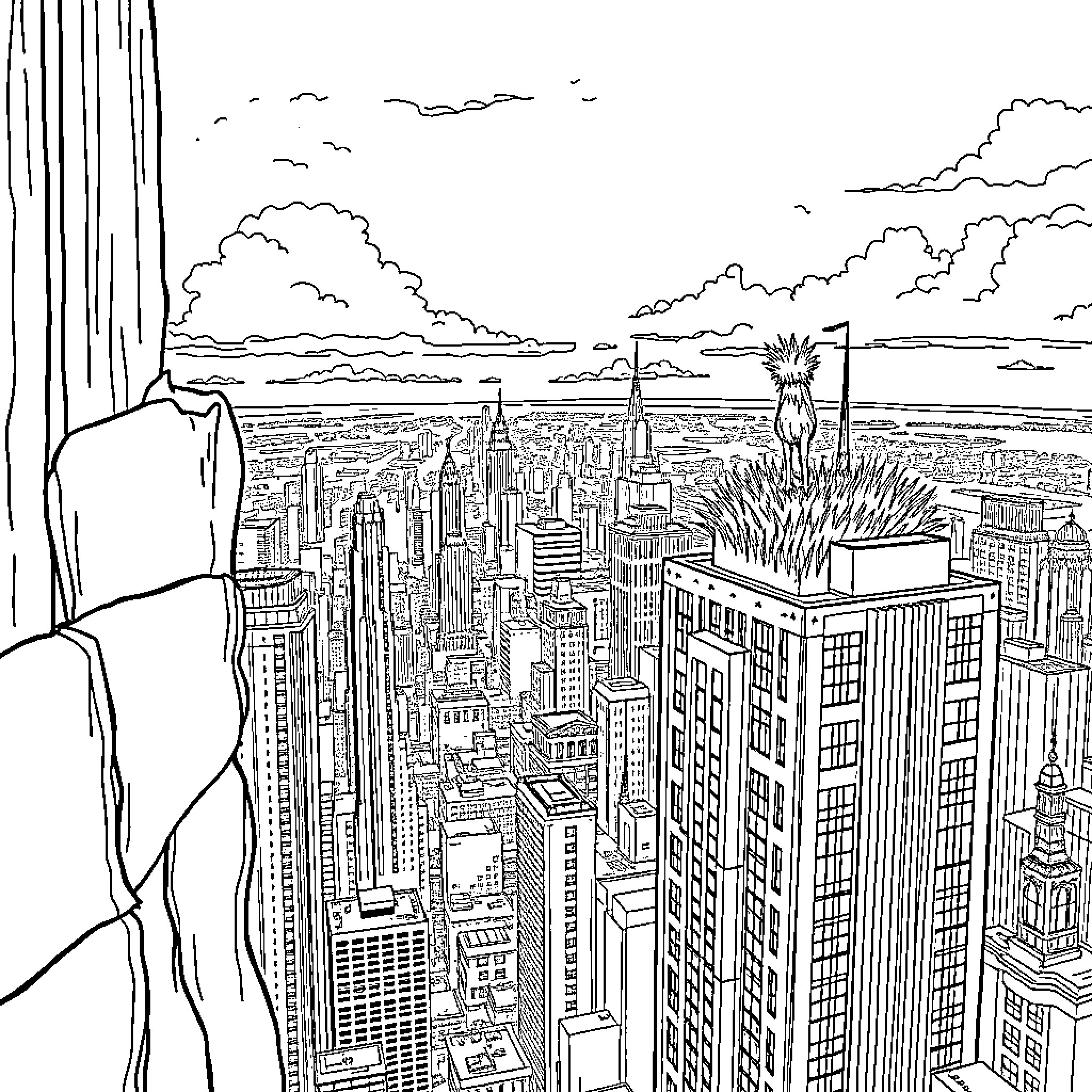 Grassy Cityscape from Above Coloring Page (free black-and-white line drawing printable PDF for all, from beginners to advanced learners, including children, teens, adults, and seniors)