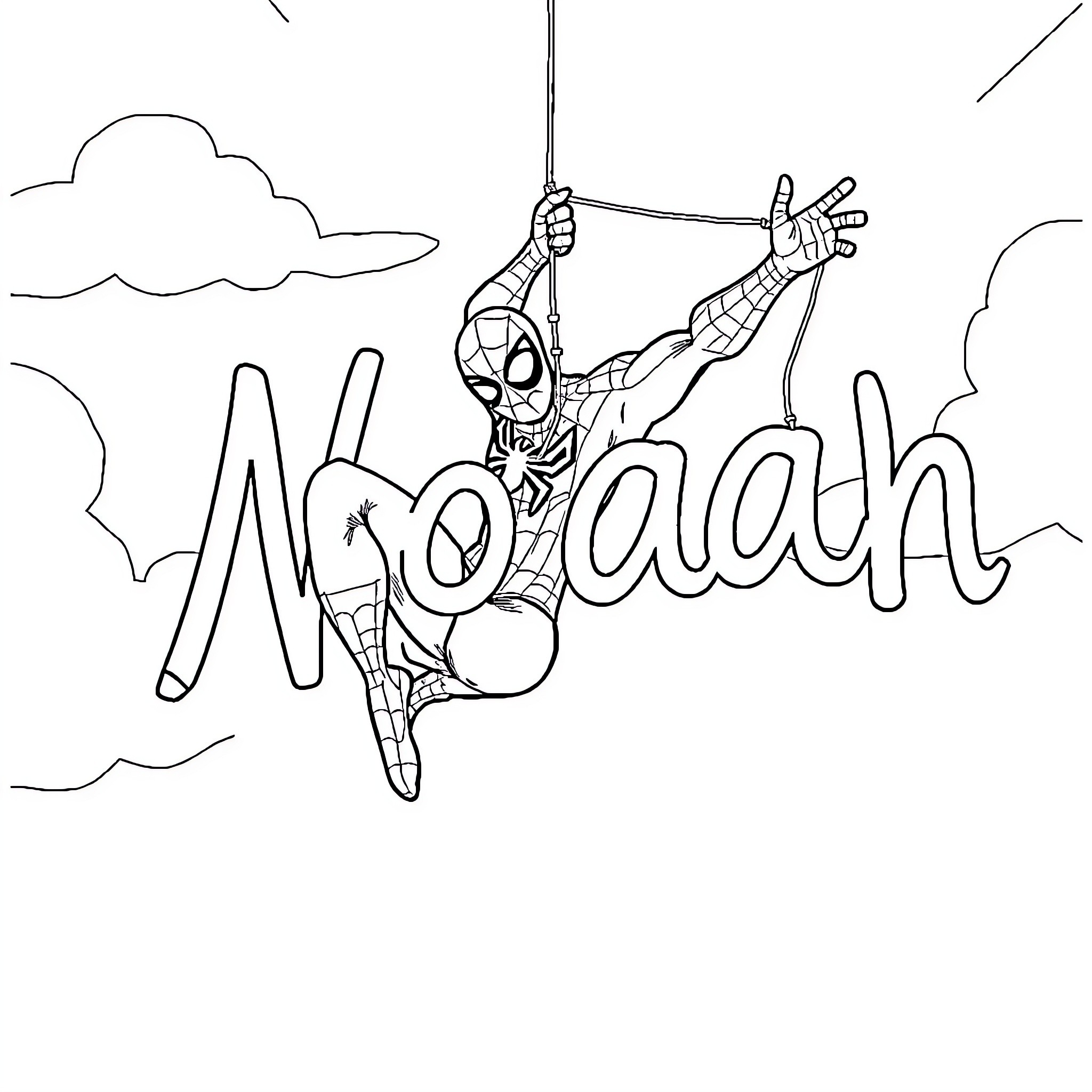 Spiderman swinging and writing 'Noah' in the sky Coloring Page (free black-and-white line drawing printable PDF for all, from beginners to advanced learners, including children, teens, adults, and seniors)