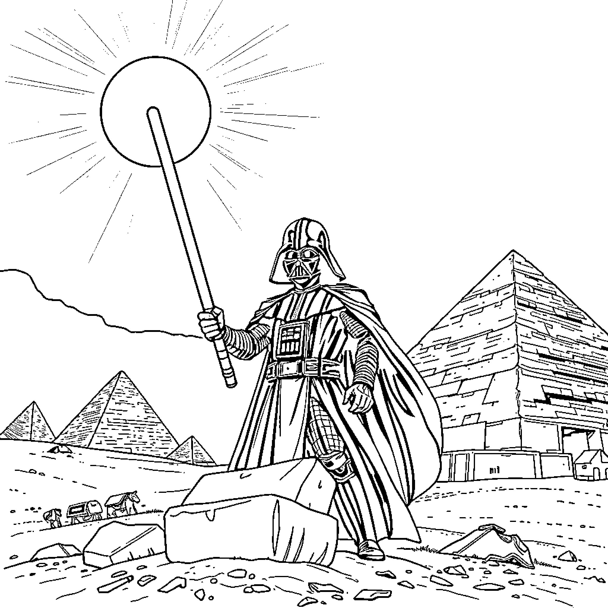 Darth Vader stands amidst the pyramids Coloring Page (free black-and-white line drawing printable PDF for all, from beginners to advanced learners, including children, teens, adults, and seniors)