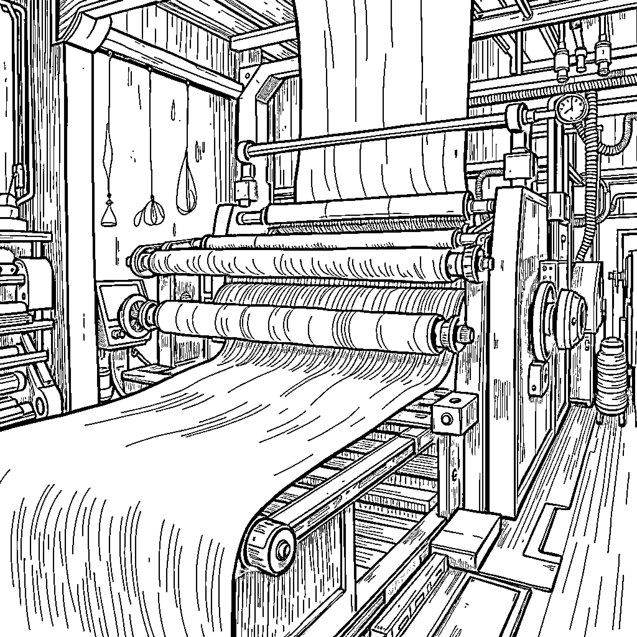 Paper Making Machine Producing Paper Rolls in Workshop Coloring Page (free black-and-white line drawing printable PDF for all, from beginners to advanced learners, including children, teens, adults, and seniors)