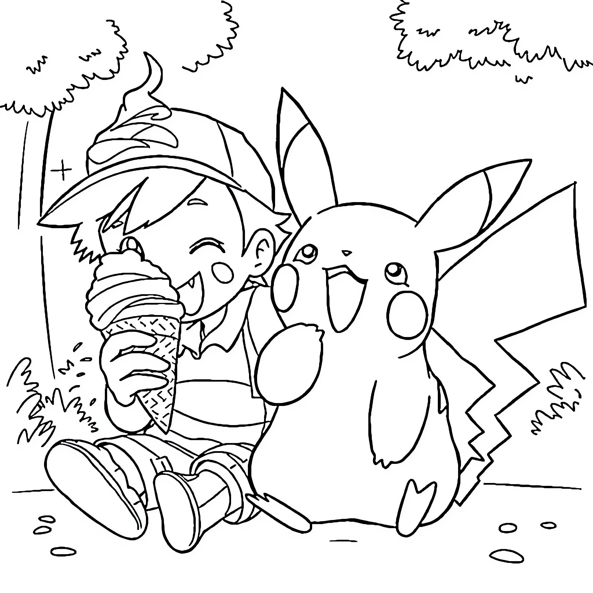 Ash's Playful Adventure with Pikachu Coloring Page (free black-and-white line drawing printable PDF for all, from beginners to advanced learners, including children, teens, adults, and seniors)