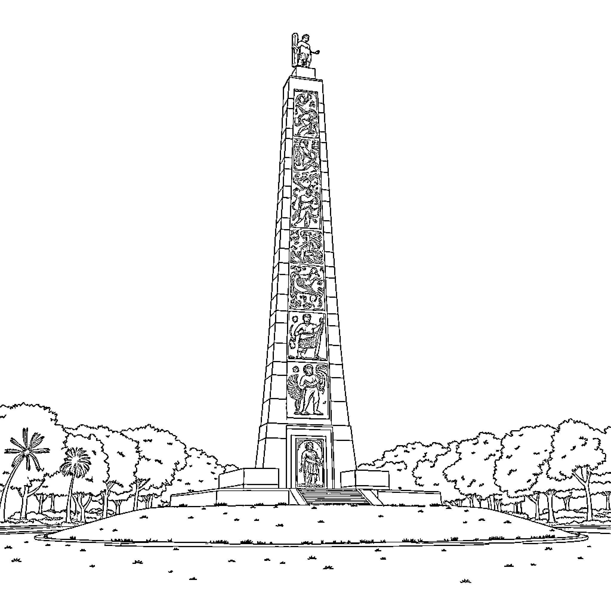 Monument depicting historical figures on carved pedestal Coloring Page (free black-and-white line drawing printable PDF for all, from beginners to advanced learners, including children, teens, adults, and seniors)