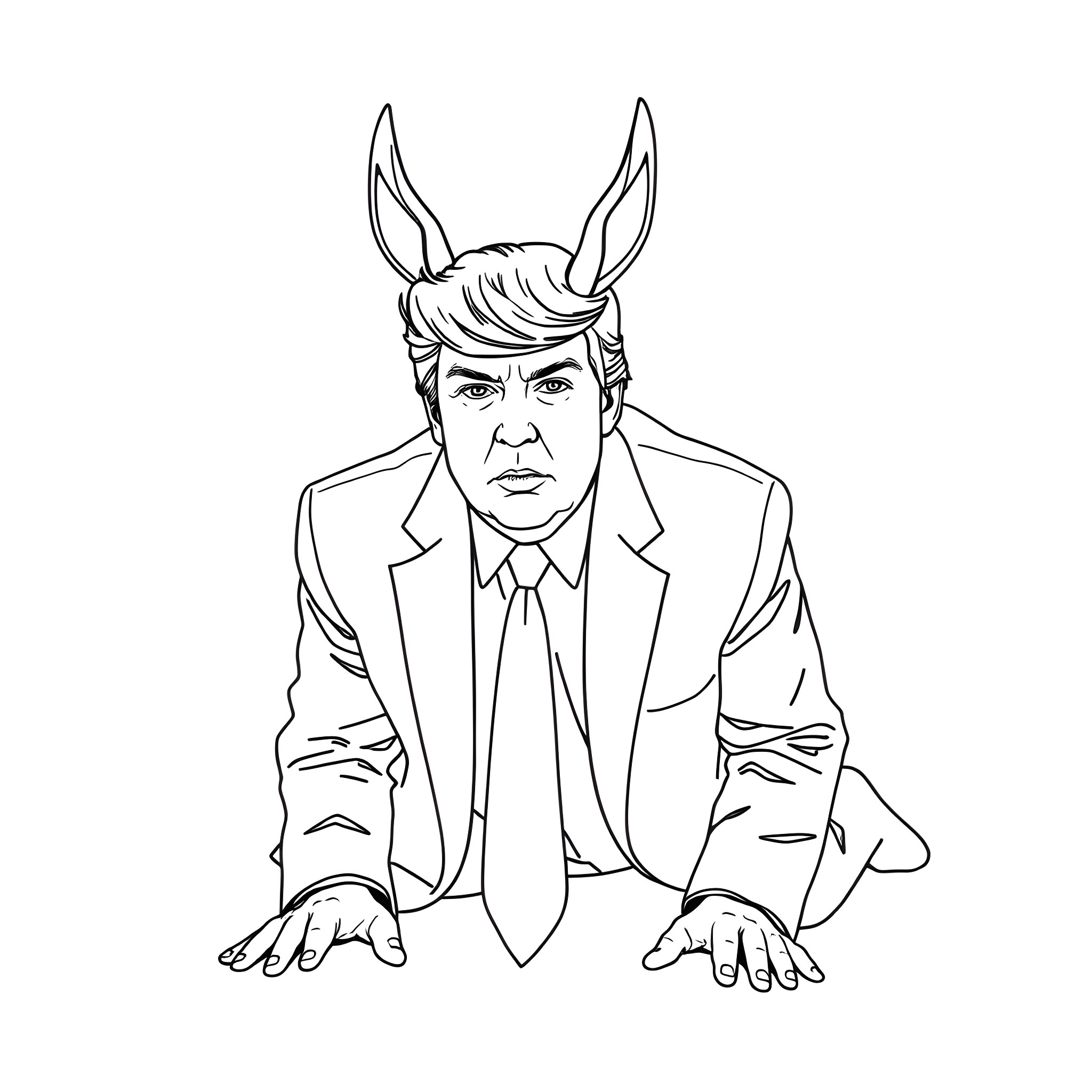 Trump wearing rabbit ears in suit and tie Coloring Page (free black-and-white line drawing printable PDF for all, from beginners to advanced learners, including children, teens, adults, and seniors)
