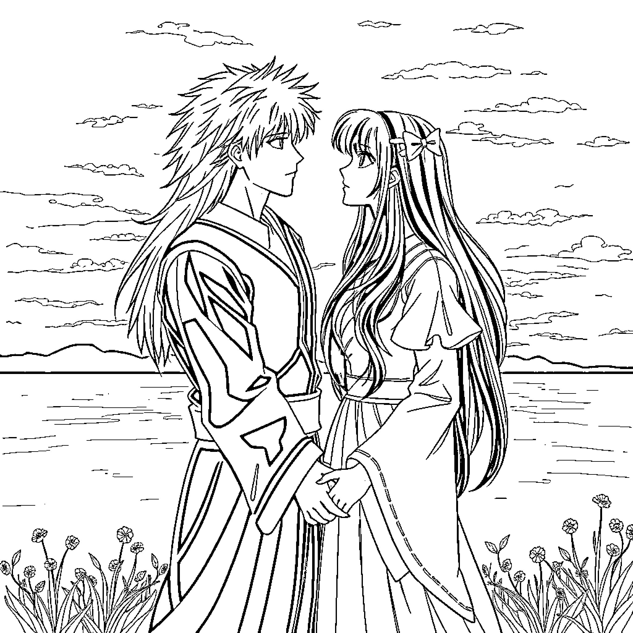 Sesshomaru and Rin's tender moment Coloring Page (free black-and-white line drawing printable PDF for all, from beginners to advanced learners, including children, teens, adults, and seniors)
