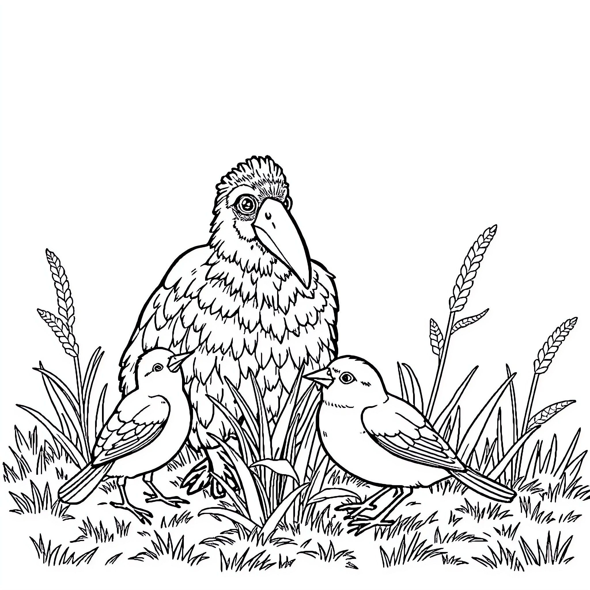 Buey Birds in Peaceful Meadow Coloring Page (free black-and-white line drawing printable PDF for all, from beginners to advanced learners, including children, teens, adults, and seniors)
