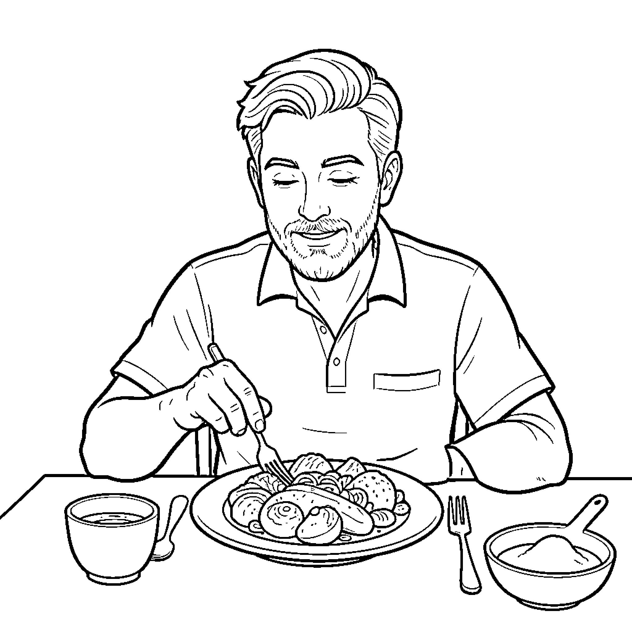 Man enjoying a delicious meal at the table Coloring Page (free black-and-white line drawing printable PDF for all, from beginners to advanced learners, including children, teens, adults, and seniors)