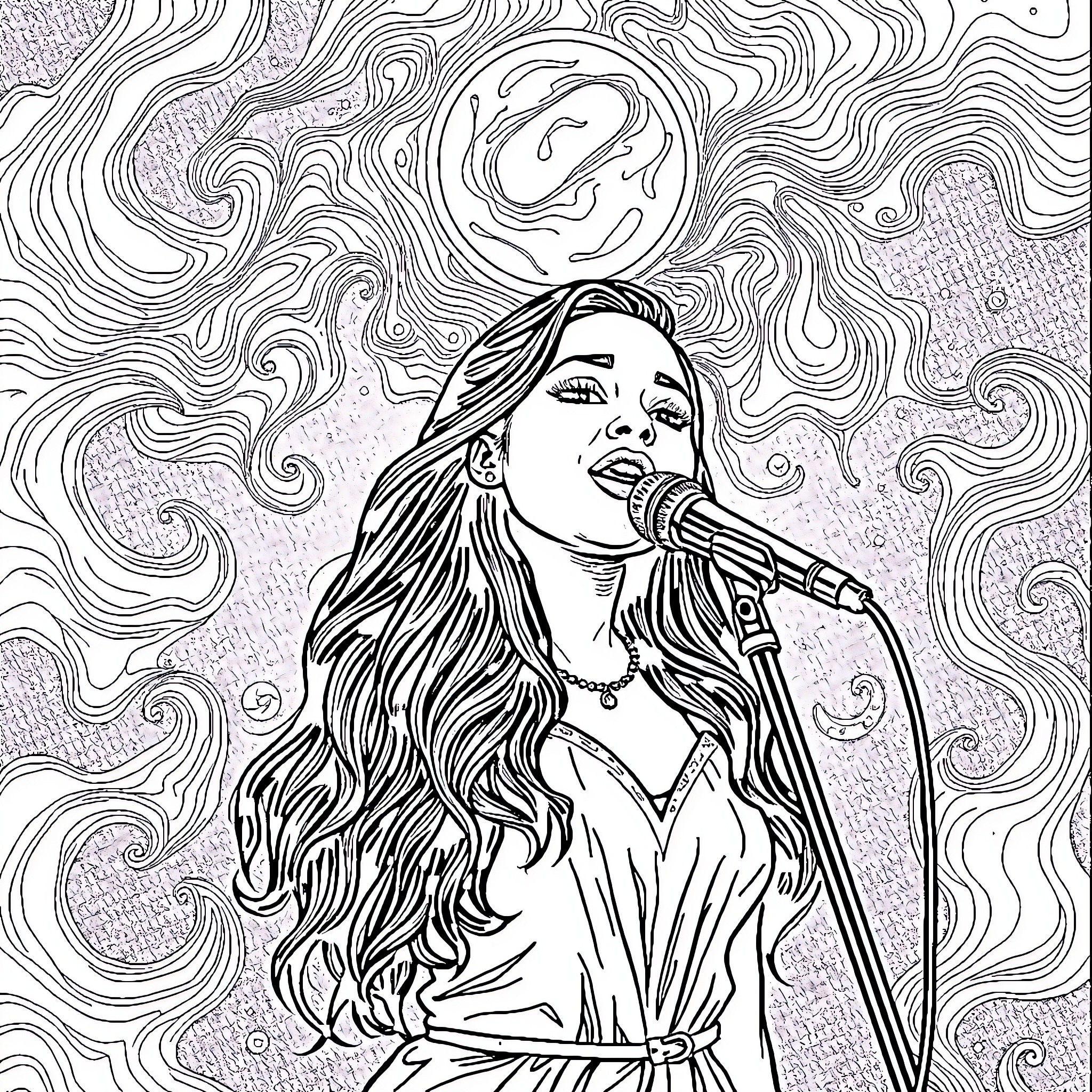Ariana Grande performing on stage with passion Coloring Page (free black-and-white line drawing printable PDF for all, from beginners to advanced learners, including children, teens, adults, and seniors)