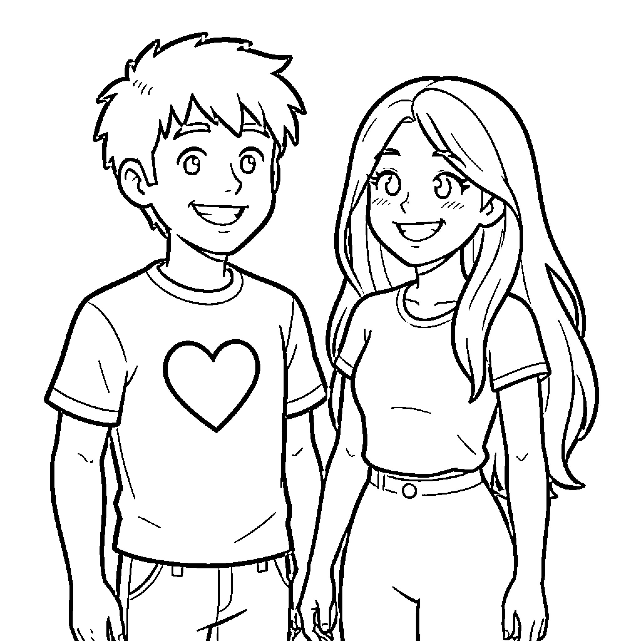 Connor and a Girl Happily Posing Together Coloring Page (free black-and-white line drawing printable PDF for all, from beginners to advanced learners, including children, teens, adults, and seniors)