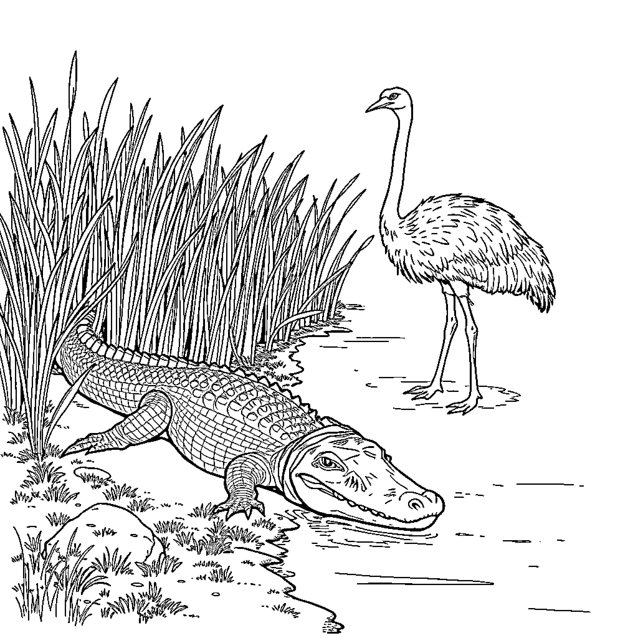 Crocodile lurking in the reeds with a vigilant ostrich Coloring Page (free black-and-white line drawing printable PDF for all, from beginners to advanced learners, including children, teens, adults, and seniors)