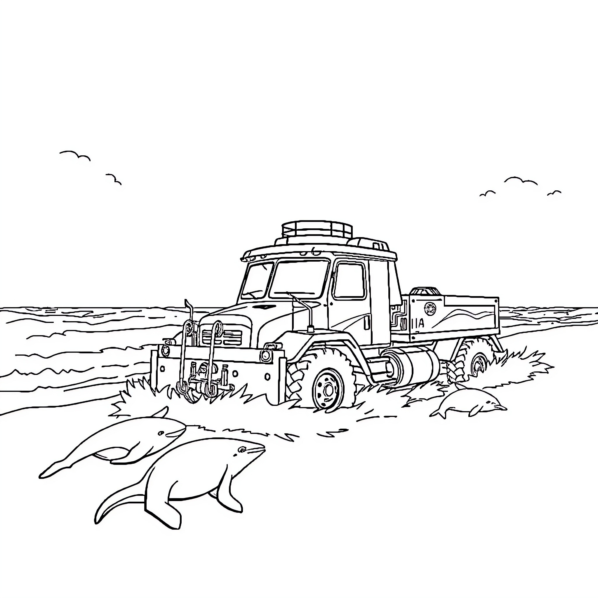 Truck traversing rugged terrain near the ocean Coloring Page (free black-and-white line drawing printable PDF for all, from beginners to advanced learners, including children, teens, adults, and seniors)