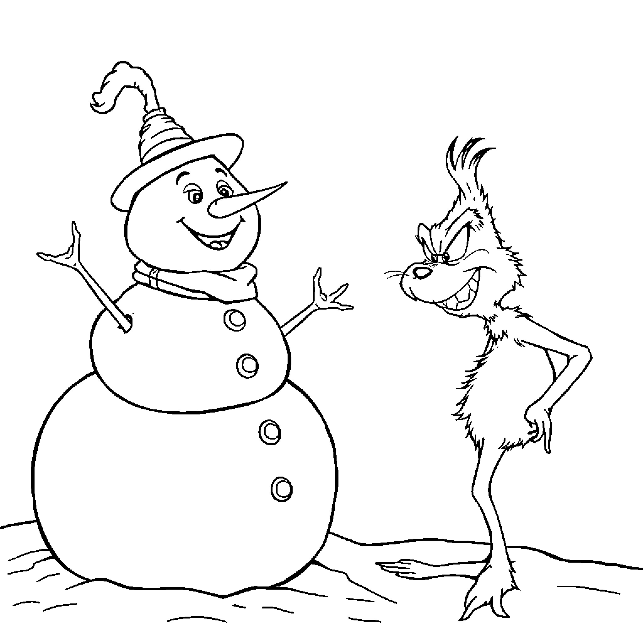Snowman and mischievous creature in winter scene Coloring Page (free black-and-white line drawing printable PDF for all, from beginners to advanced learners, including children, teens, adults, and seniors)