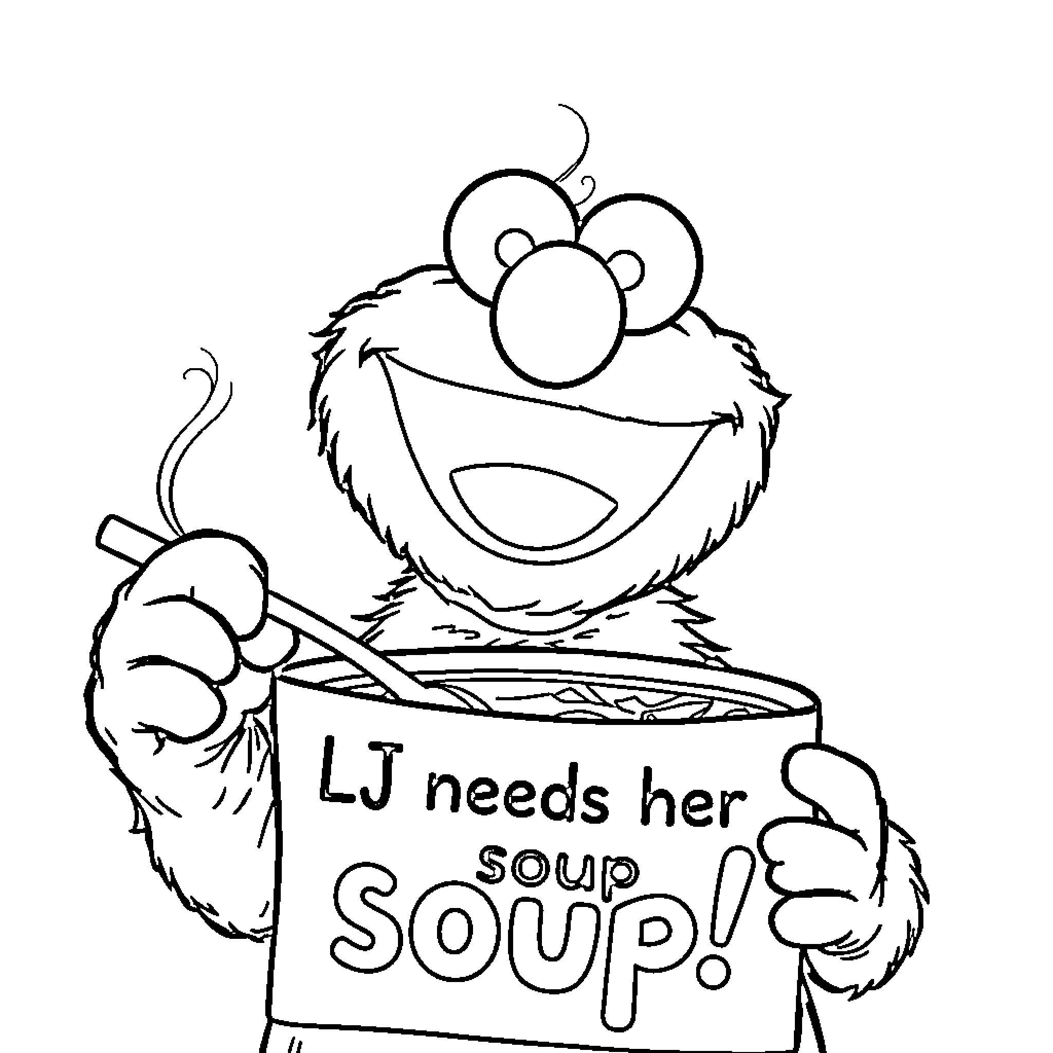 Elmo happily holding 'LJ needs her soup' sign Coloring Page (free black-and-white line drawing printable PDF for all, from beginners to advanced learners, including children, teens, adults, and seniors)