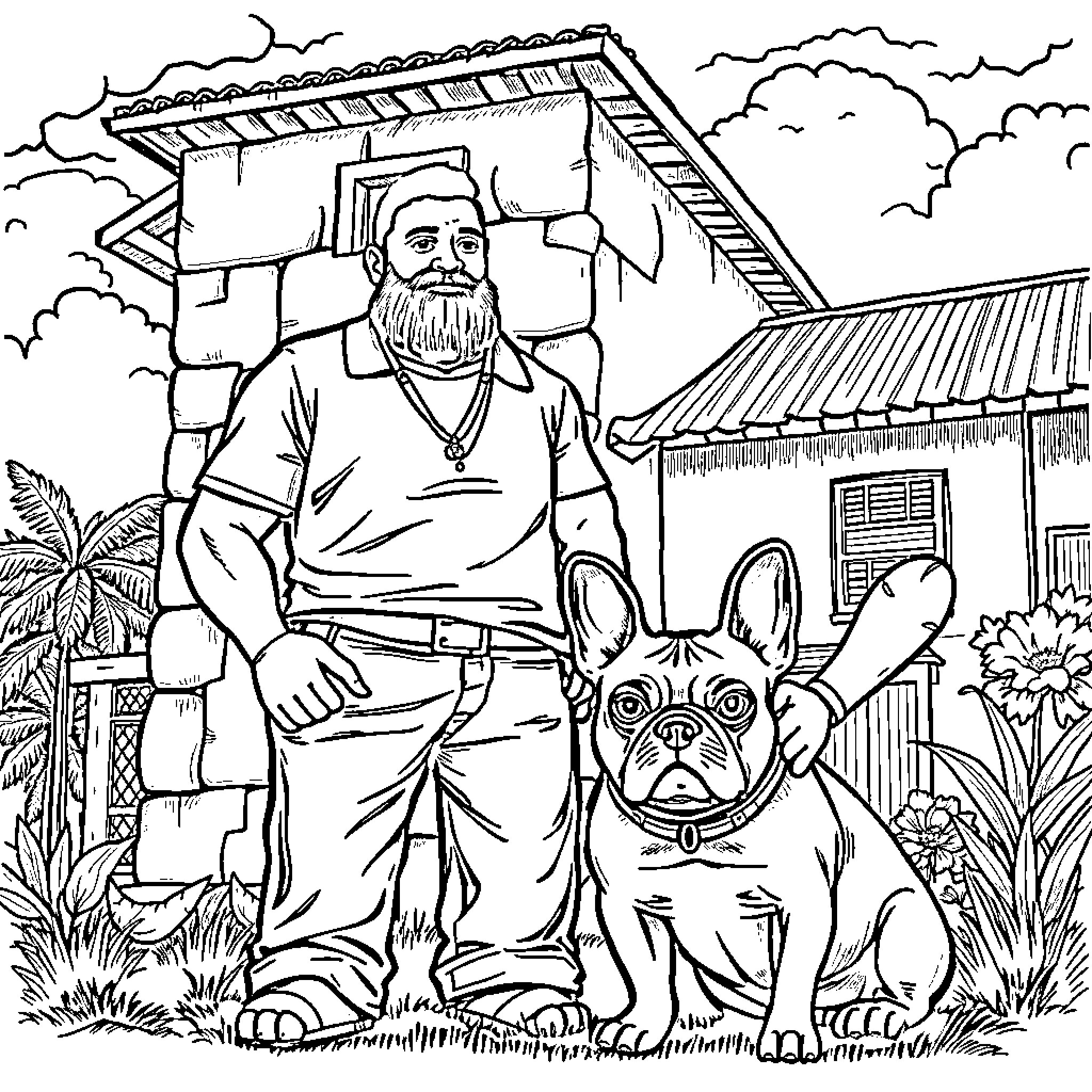 Man with a beard and his pet dog in rural setting Coloring Page (free black-and-white line drawing printable PDF for all, from beginners to advanced learners, including children, teens, adults, and seniors)