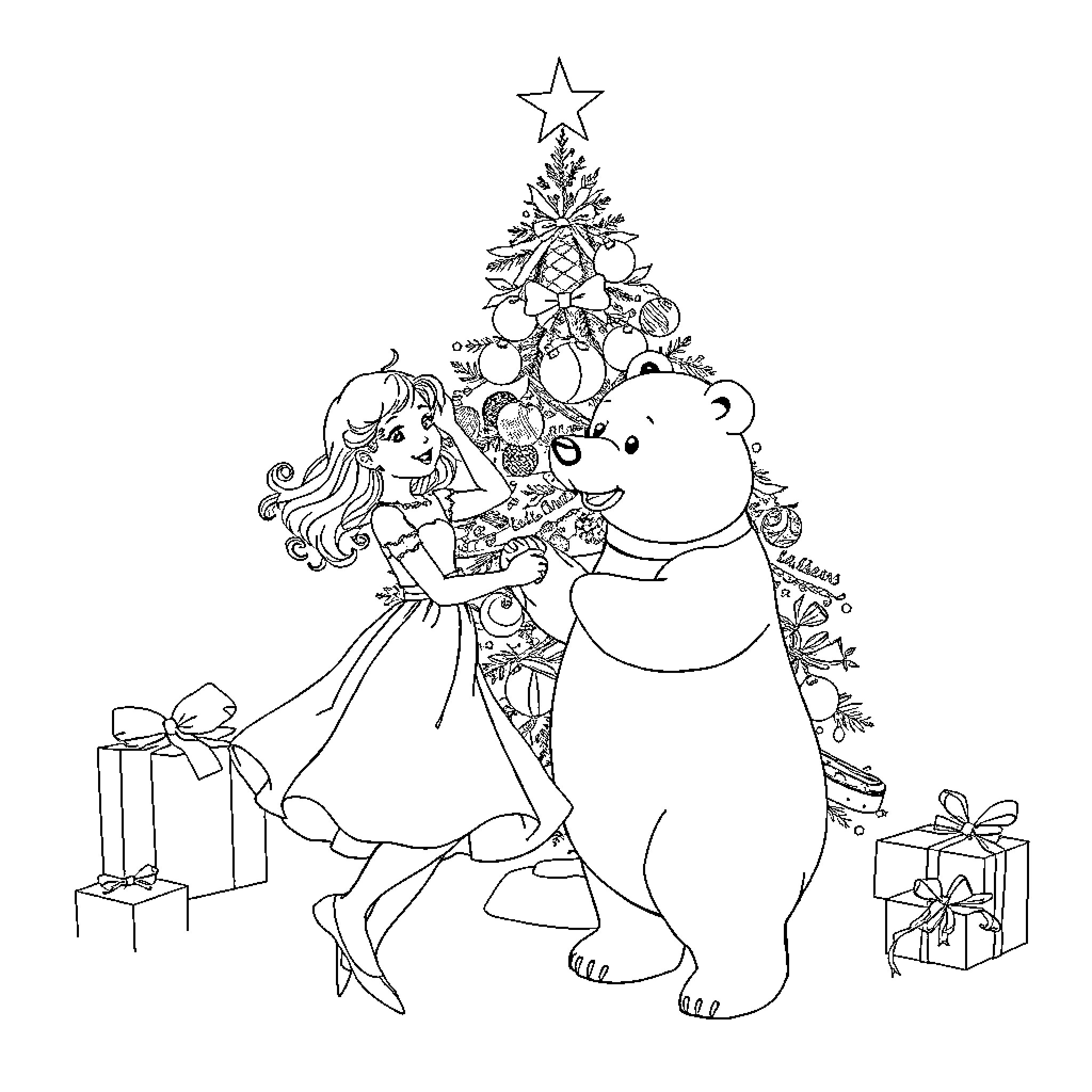 Girl and Bear Decorating Christmas Tree and Exchanging Gifts Coloring Page (free black-and-white line drawing printable PDF for all, from beginners to advanced learners, including children, teens, adults, and seniors)
