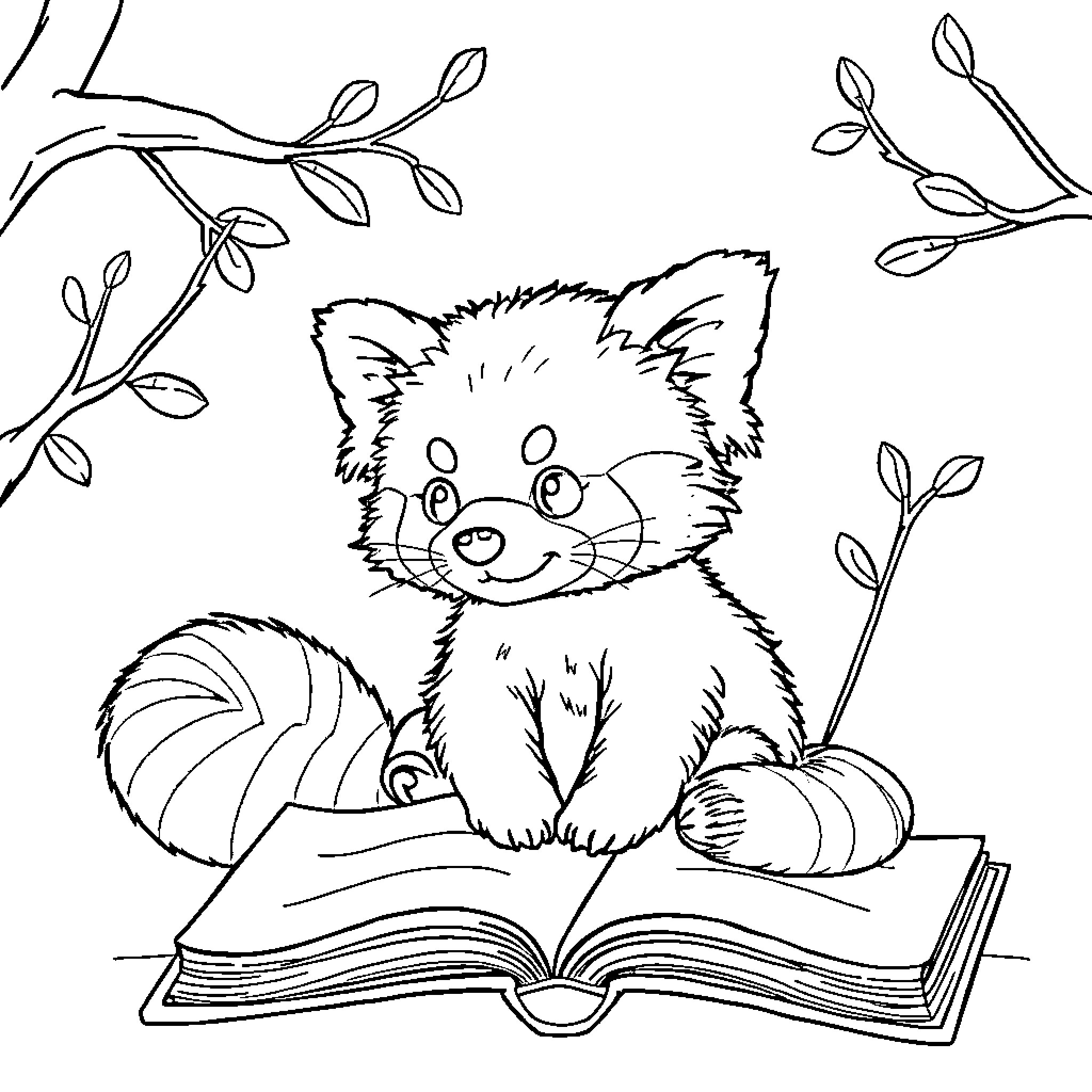 Panda cub reading a book in nature Coloring Page (free black-and-white line drawing printable PDF for all, from beginners to advanced learners, including children, teens, adults, and seniors)