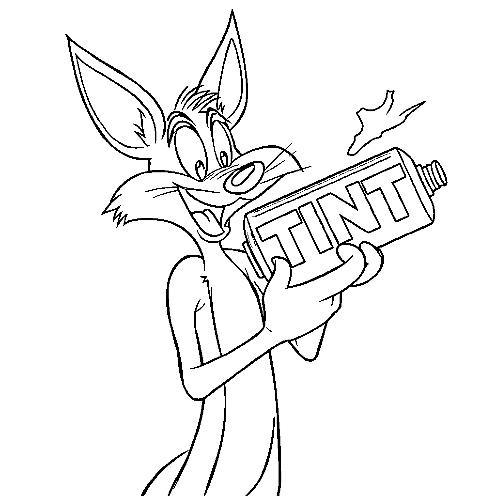 Coyote holding a TNT dynamite stick Coloring Page (free black-and-white line drawing printable PDF for all, from beginners to advanced learners, including children, teens, adults, and seniors)