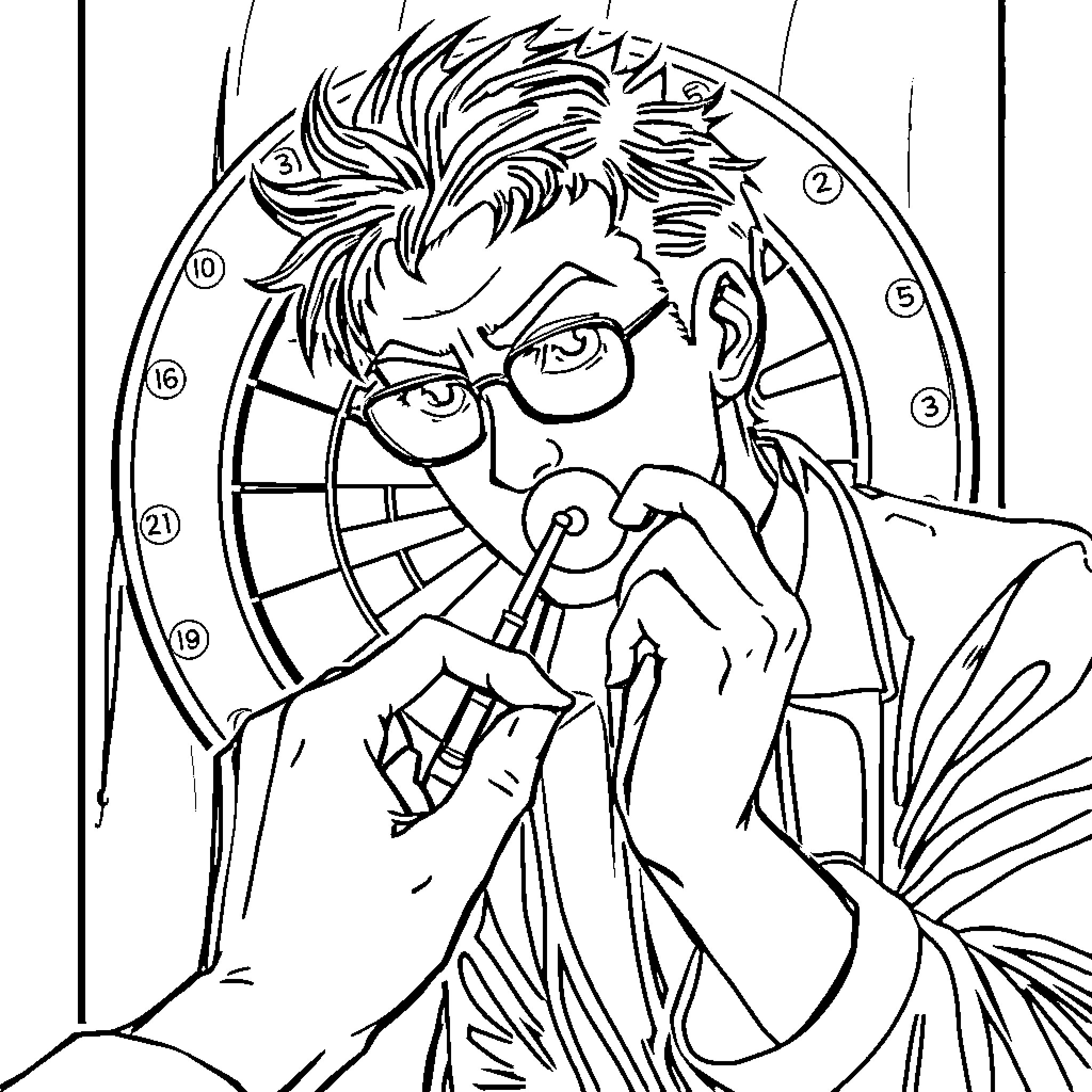 Songoku Contemplating with Dart Board Coloring Page (free black-and-white line drawing printable PDF for all, from beginners to advanced learners, including children, teens, adults, and seniors)