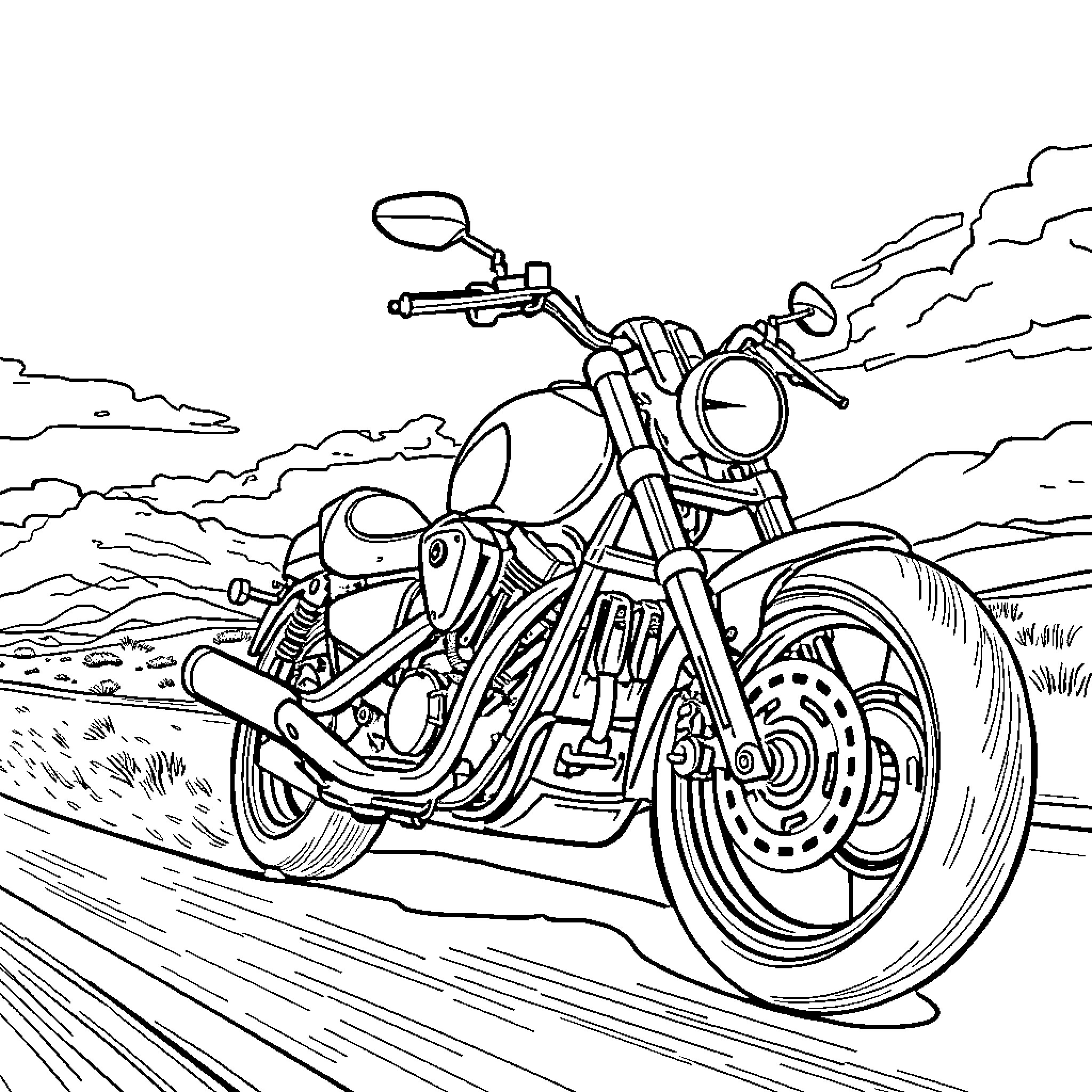 Moto adventure on the open road Coloring Page (free black-and-white line drawing printable PDF for all, from beginners to advanced learners, including children, teens, adults, and seniors)