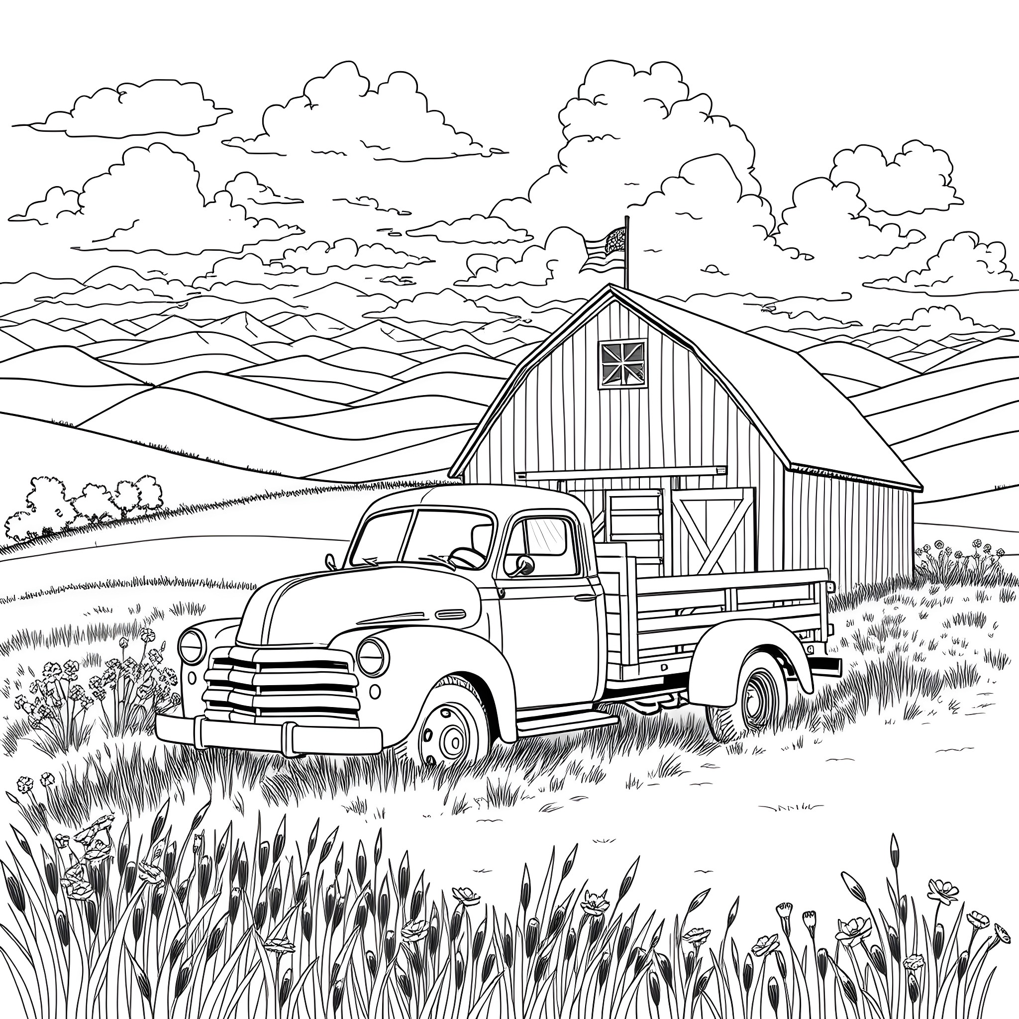 Truck carrying barn in rural countryside landscape Coloring Page (free black-and-white line drawing printable PDF for all, from beginners to advanced learners, including children, teens, adults, and seniors)
