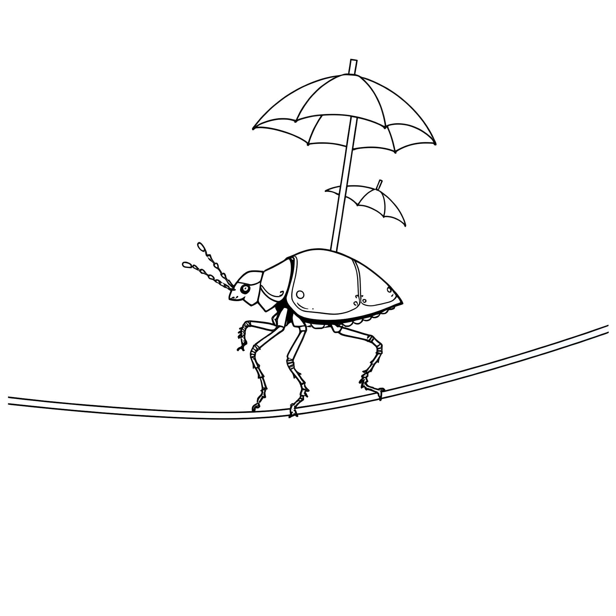 Beetle walking cautiously on tightrope with umbrellas Coloring Page (free black-and-white line drawing printable PDF for all, from beginners to advanced learners, including children, teens, adults, and seniors)