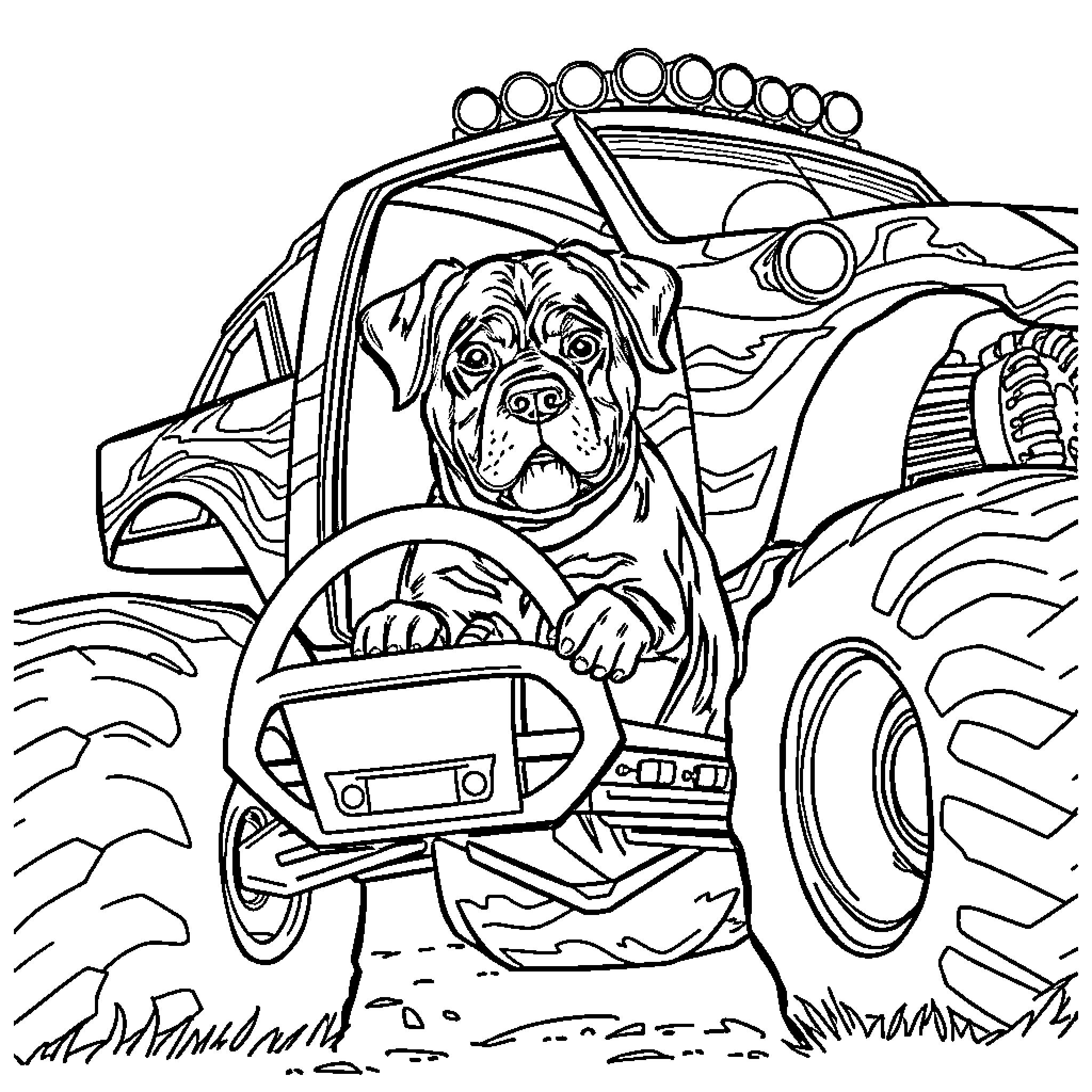 Rottweiler driving monster truck through rugged terrain Coloring Page (free black-and-white line drawing printable PDF for all, from beginners to advanced learners, including children, teens, adults, and seniors)