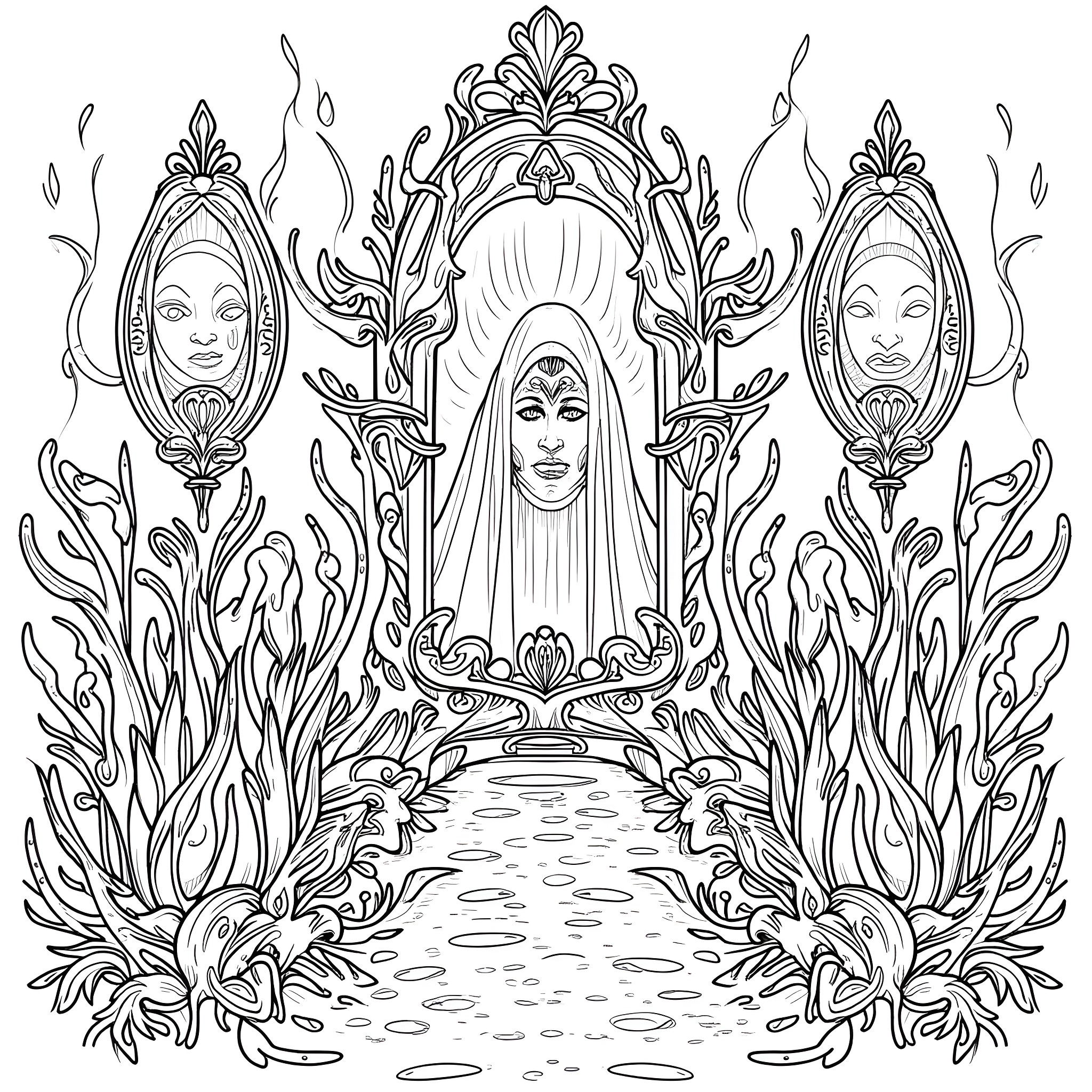 Garden of mysterious figures and ornate decor Coloring Page (free black-and-white line drawing printable PDF for all, from beginners to advanced learners, including children, teens, adults, and seniors)