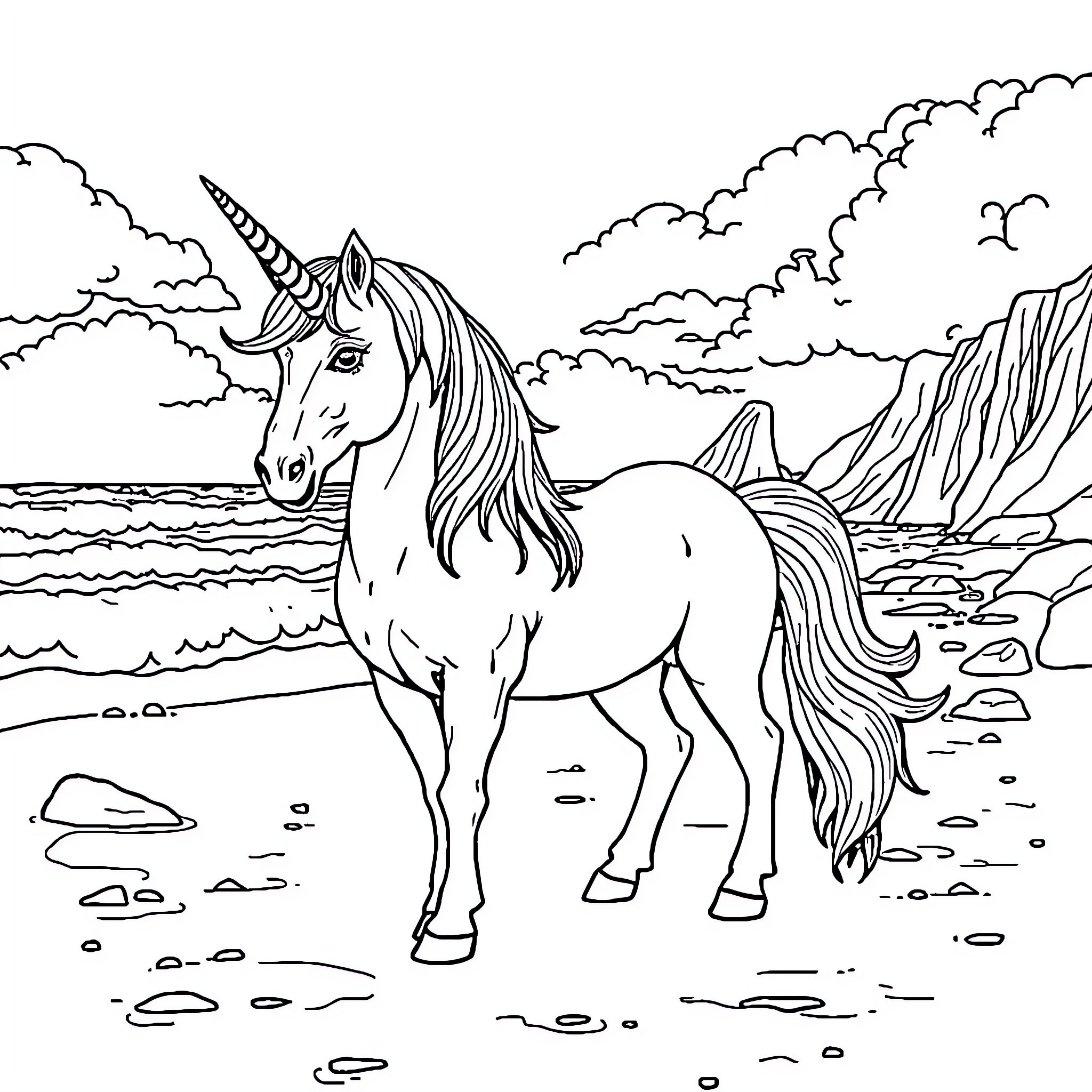 Unicorn by the Magical Seaside Coloring Page (free black-and-white line drawing printable PDF for all, from beginners to advanced learners, including children, teens, adults, and seniors)