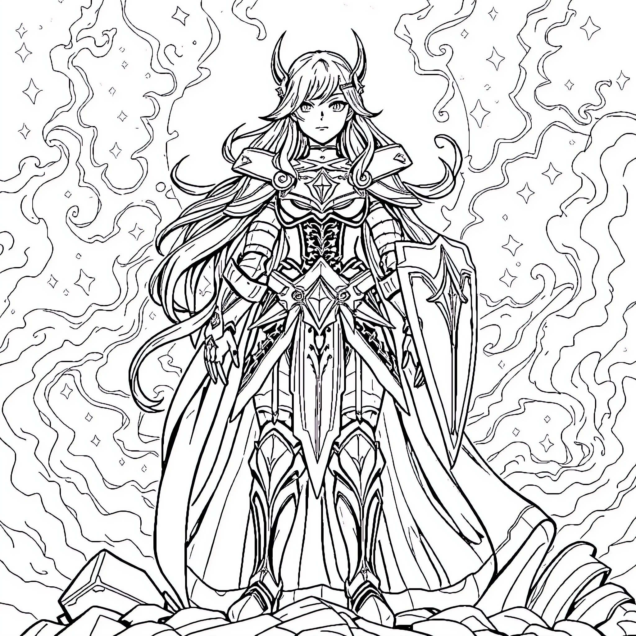 Erza in Majestic Armored Regalia Coloring Page (free black-and-white line drawing printable PDF for all, from beginners to advanced learners, including children, teens, adults, and seniors)