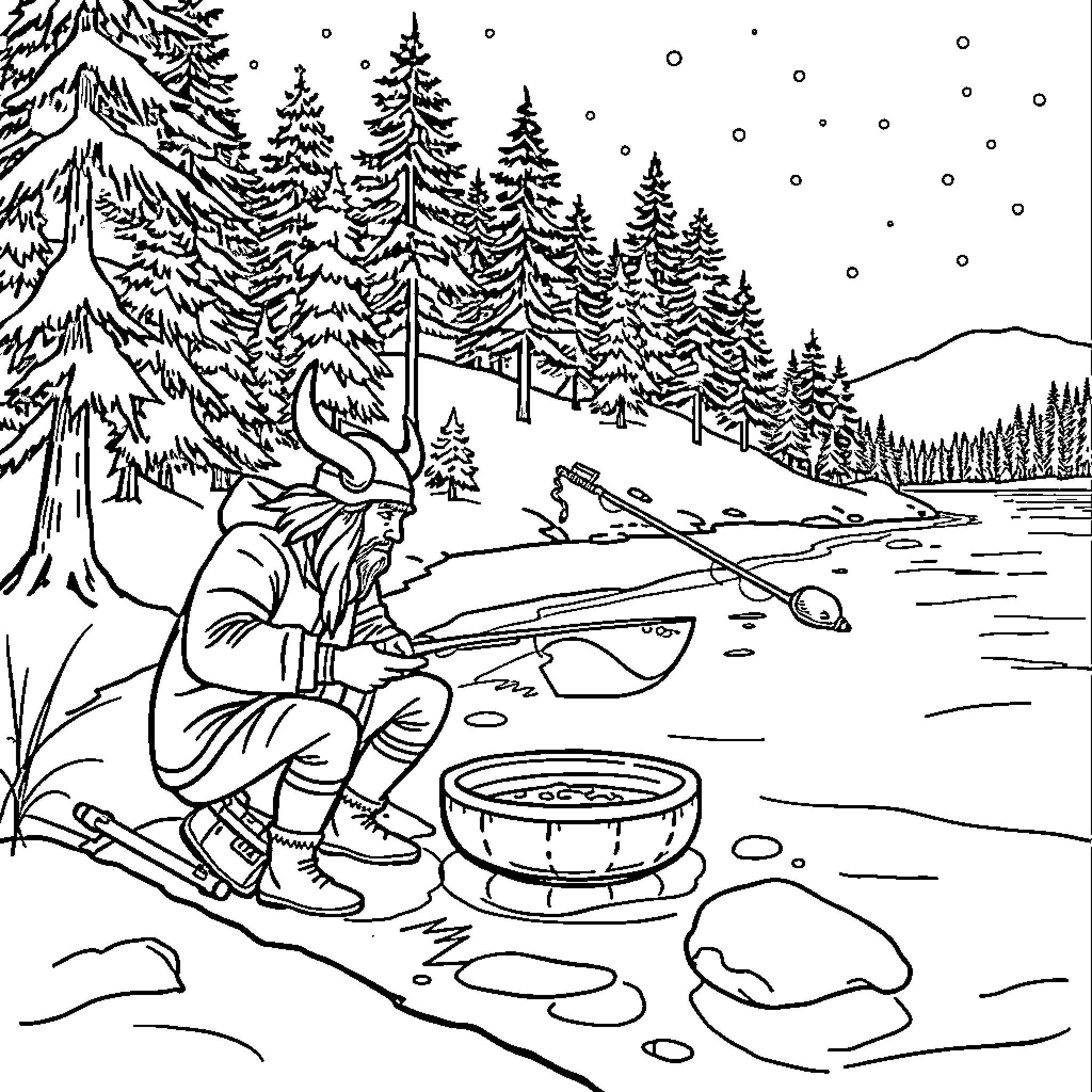 Viking ice fishing in snowy winter landscape Coloring Page (free black-and-white line drawing printable PDF for all, from beginners to advanced learners, including children, teens, adults, and seniors)