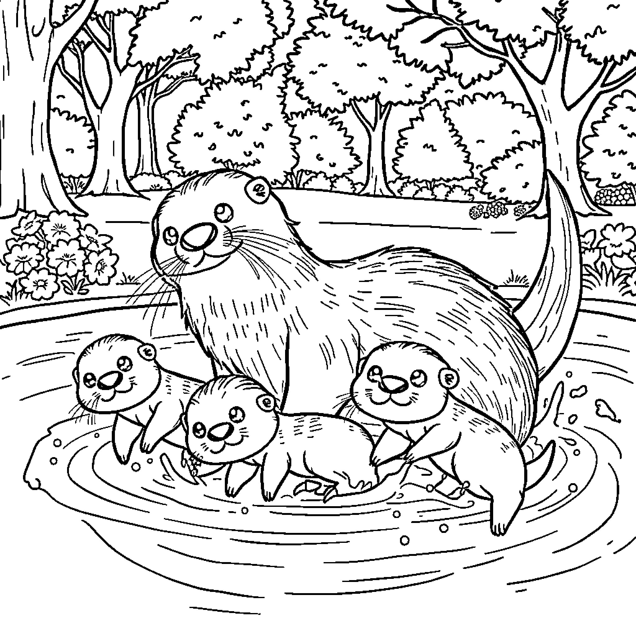 Otter family playing in the forest stream Coloring Page (free black-and-white line drawing printable PDF for all, from beginners to advanced learners, including children, teens, adults, and seniors)