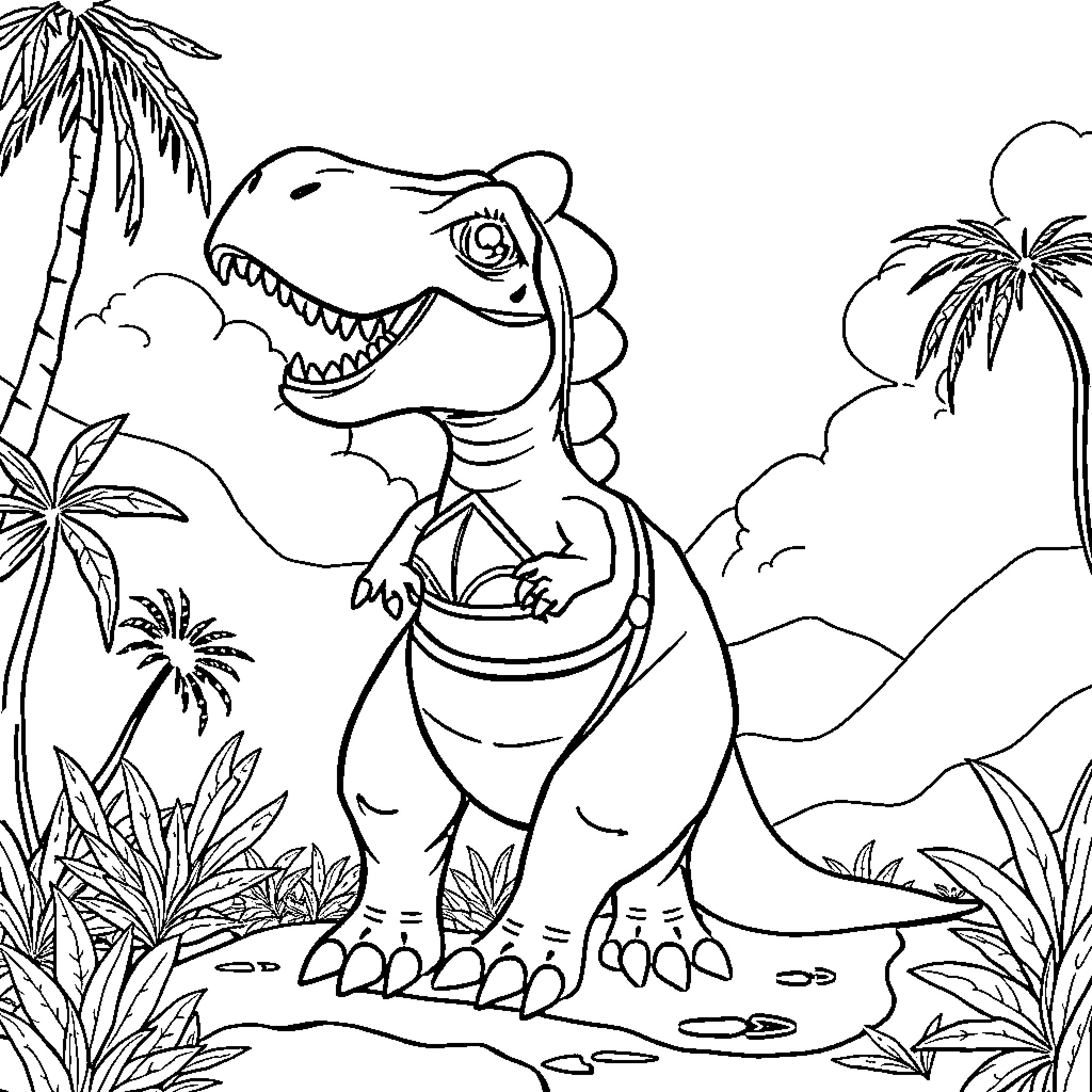 Dinosaur roaming tropical landscape Coloring Page (free black-and-white line drawing printable PDF for all, from beginners to advanced learners, including children, teens, adults, and seniors)