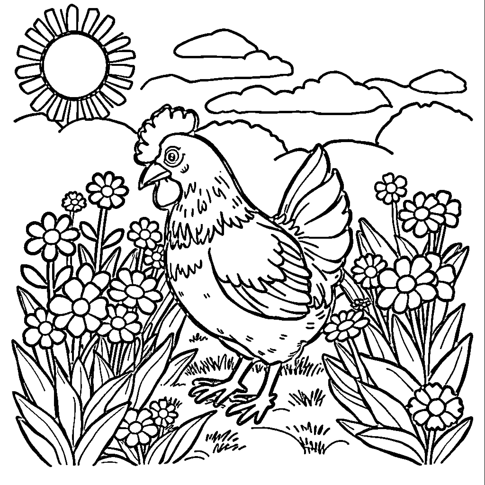 Chicken exploring a vibrant garden scene Coloring Page (free black-and-white line drawing printable PDF for all, from beginners to advanced learners, including children, teens, adults, and seniors)